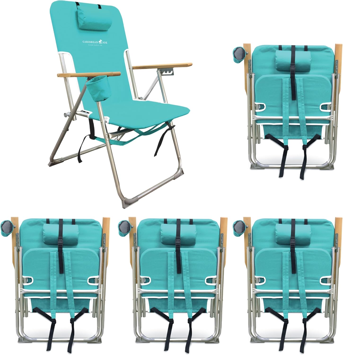 CARIBBEAN JOE Folding Beach Chair, 4 Position Portable Backpack Foldable Camping Chair with Headrest, Cup Holder, and Wooden Armrests