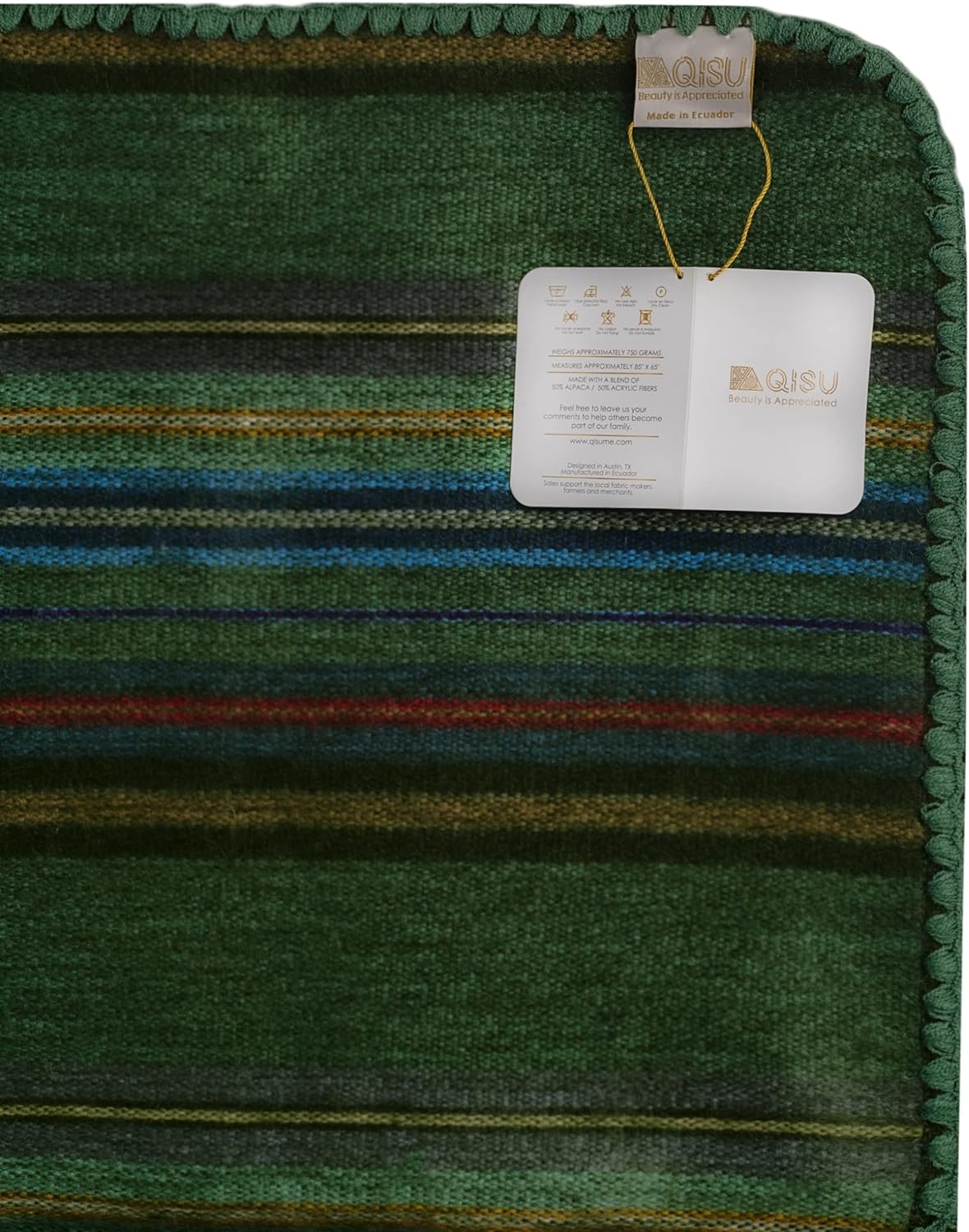 QISU Alpaca Wool Blanket Throw | Large, Beautiful, Warm, Variegated | 85 x 65 inches | Ultra-Soft, Hypoallergenic and Breathable | Non-Itchy or Scratchy Fabric (Green Variegated)