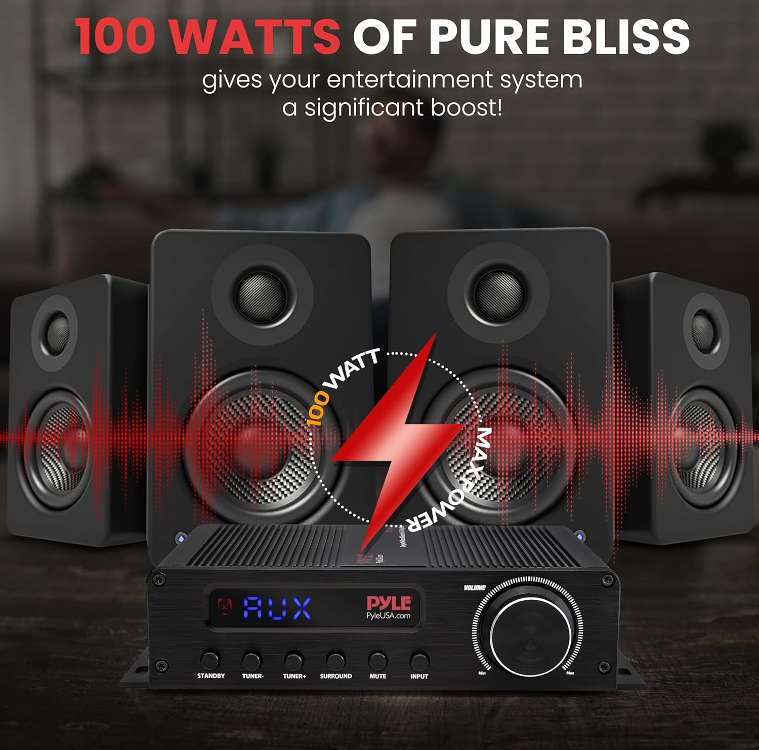 Pyle 100W 5 Channel Audio Amplifier - Wireless Bluetooth Home Theater Power Stereo Receiver with Surround Sound w/HDMI, AUX, FM Antenna