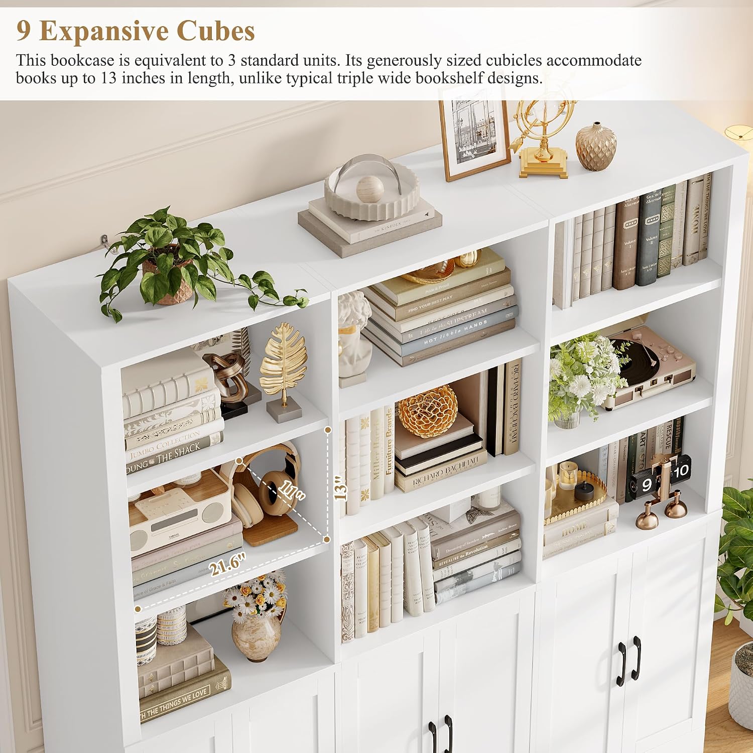 70” H x 63” W Triple Wide Bookshelf, Tall Bookcase with 6 Doors | 5 Tier Book Shelf with 15 Storage Shelves, Tall Book Case Large Bookshelves with Storage Cabinet for Home Office, White