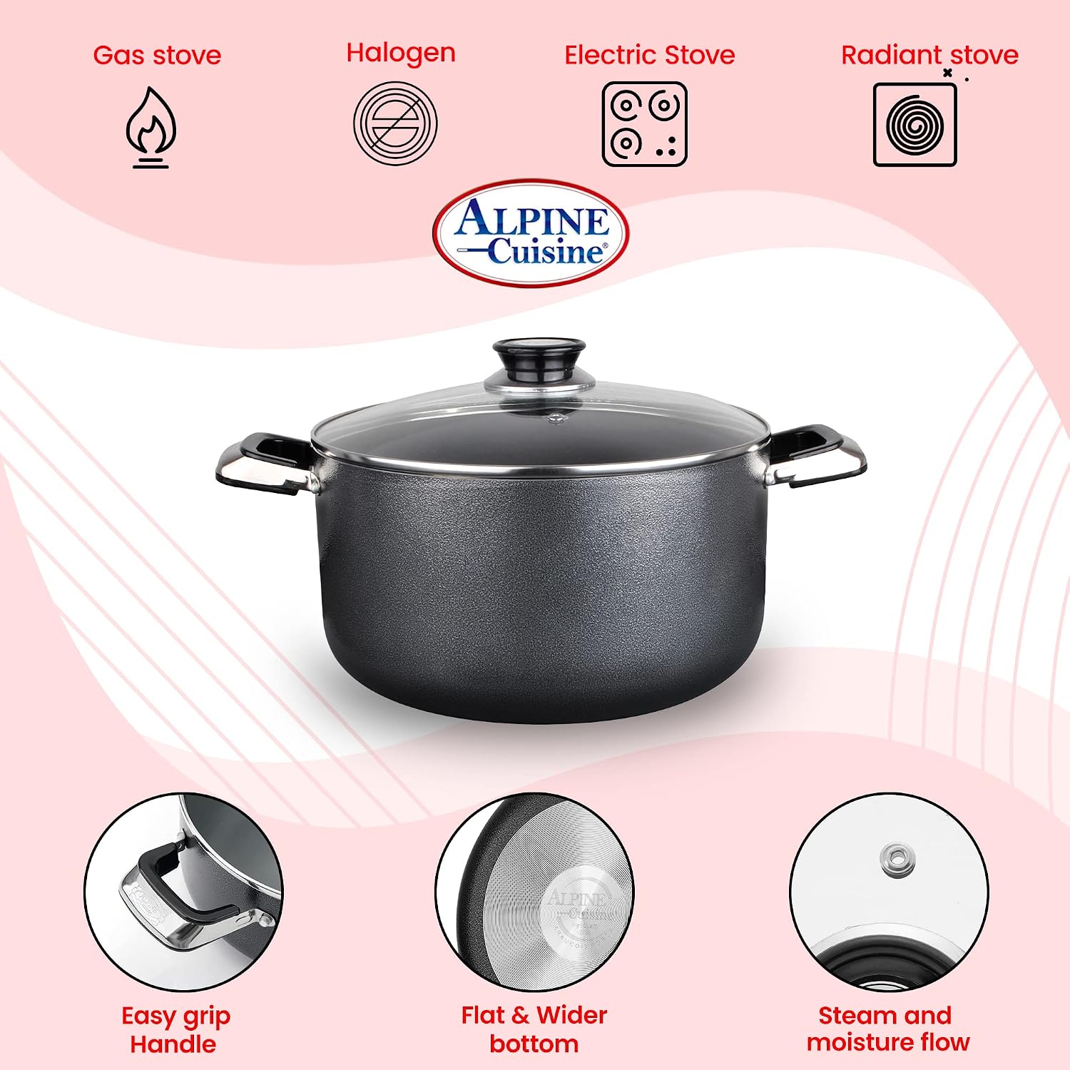 Alpine Cuisine 4 Quart Non-stick Stock Pot with Tempered Glass Lid and Carrying Handles, Multi-Purpose Cookware Aluminum Dutch Oven for Braising, Boiling, Stewing