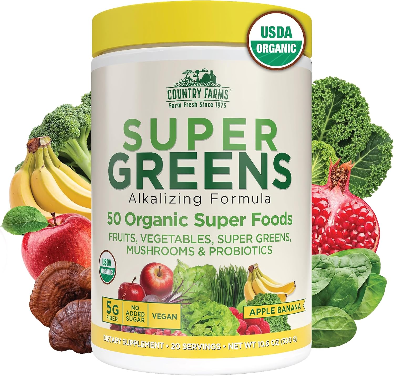 Country Farms Organic Super Greens Powder, Daily Greens Drink Mix with 50 Organic Superfoods, Fruits, Vegetables, Fiber, Mushrooms & Probiotics for Gut Health, Digestion & Energy, Berry Flavor