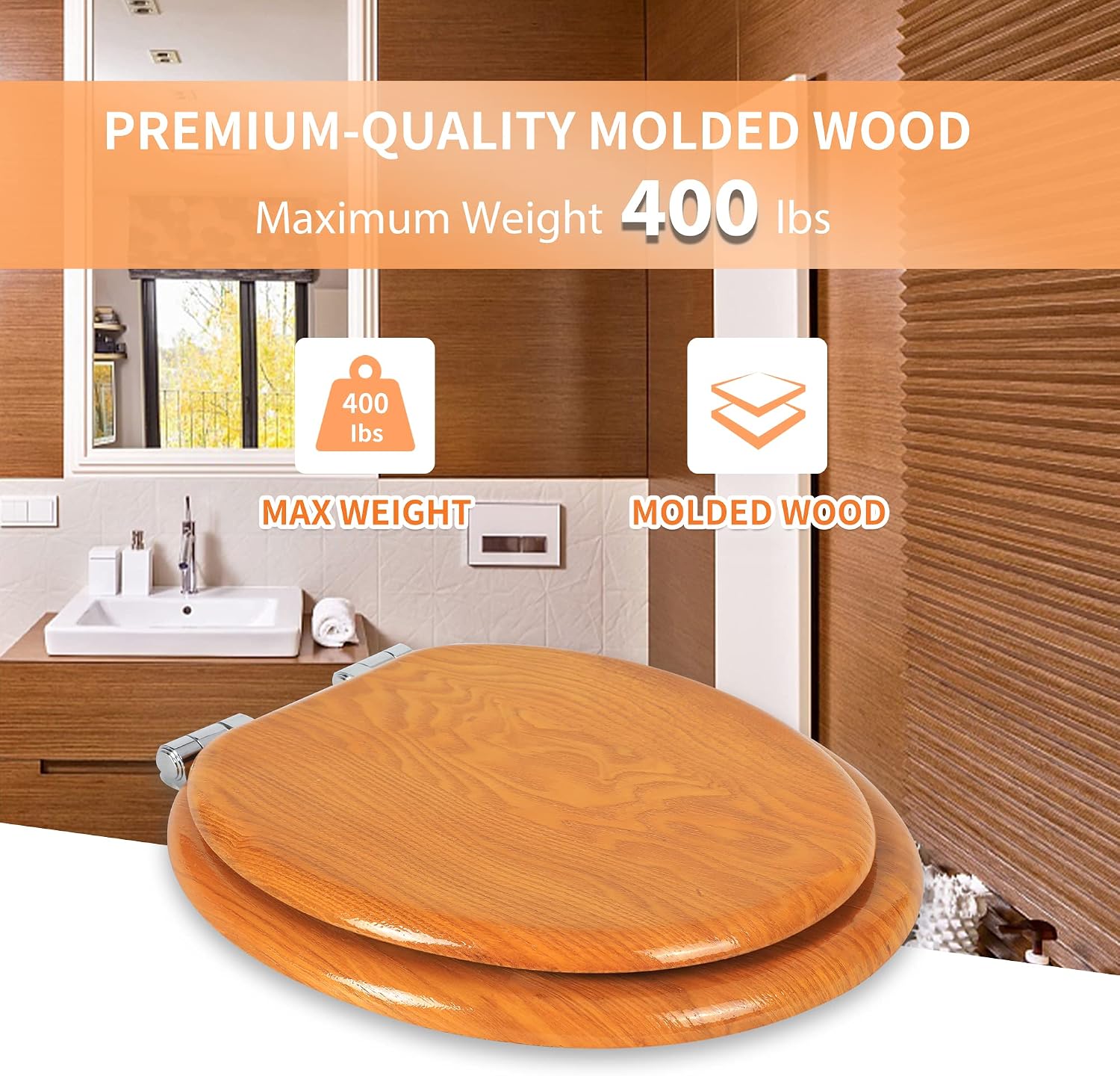 Angel Shield Toilet Seat with Zinc Alloy Hinges Quiet-Close Quick-Release Wood Molded UV Lid Easy Clean(Elongated,Black)