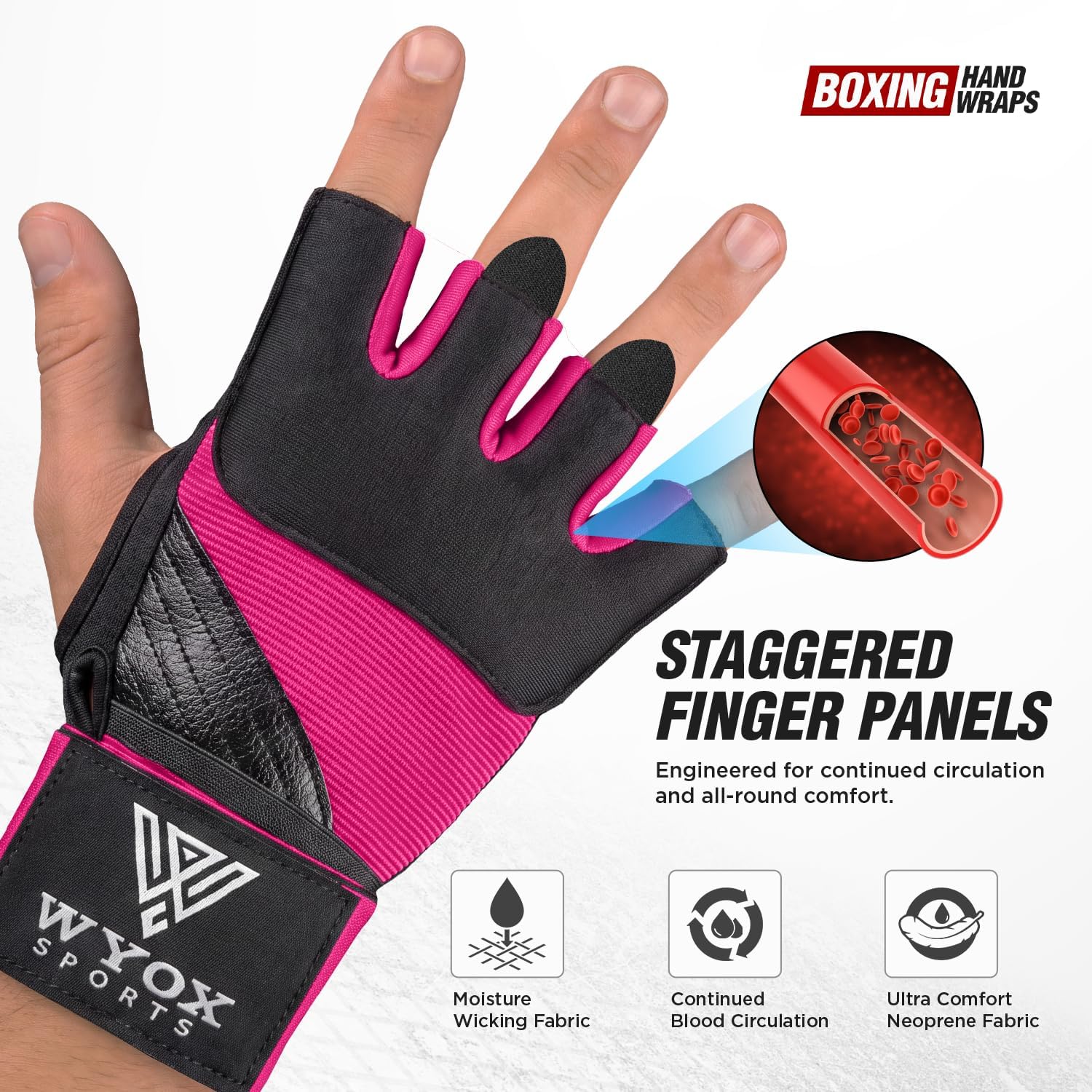 WYOX Neoprene Gel Boxing Hand Wraps Inner Gloves for Men & Women – 80cm/31in Quick Wrist Strap, Padded Knuckle Protection