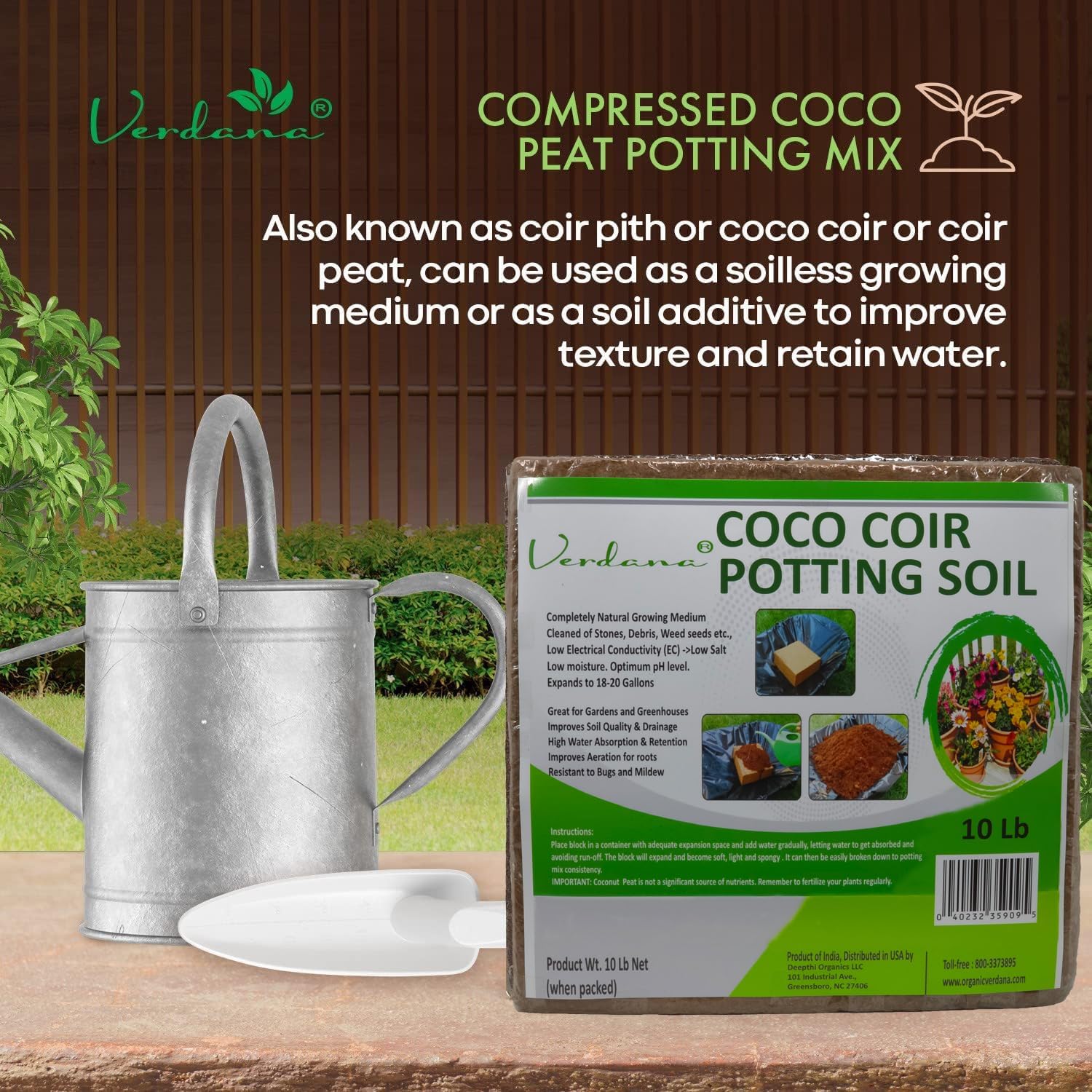 Verdana Coco Coir Potting Soil Brick - 10 lb Compressed Coconut Coir Block, Expands to 72 Quarts / 18 Gallons, Peat Moss Alternative for Seed Starting