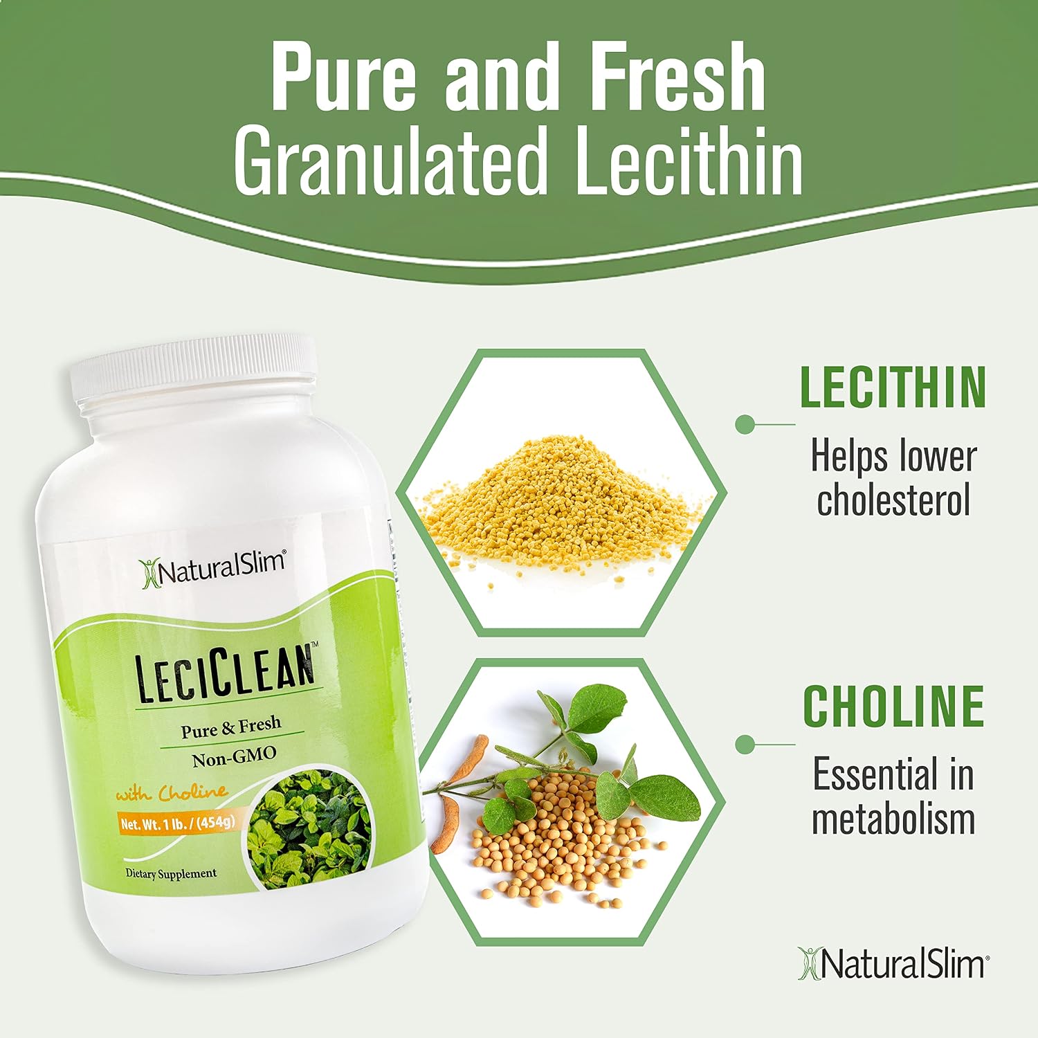 NaturalSlim Natural Soy Lecithin Granules with Choline, 1 Pound | Pure and Fresh Granulated Lecithin Supplement for Cleansing and Cognitive Support