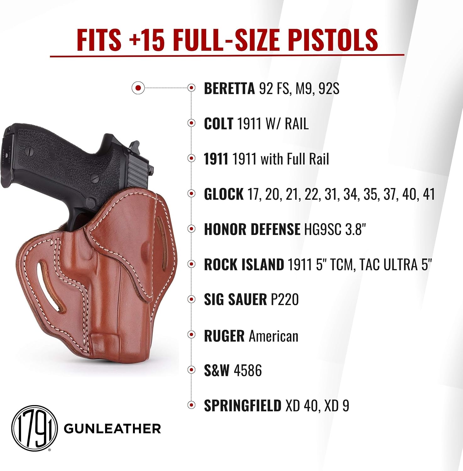 1791 Gunleather OWB Holster, Fits Sig P226, P220, P229, Beretta 92FS, VP9 | Right-handed leather gun holster also fits Beretta M9, Glock 17, 20, 21, 22, Springfield XD and 1911 with full rail