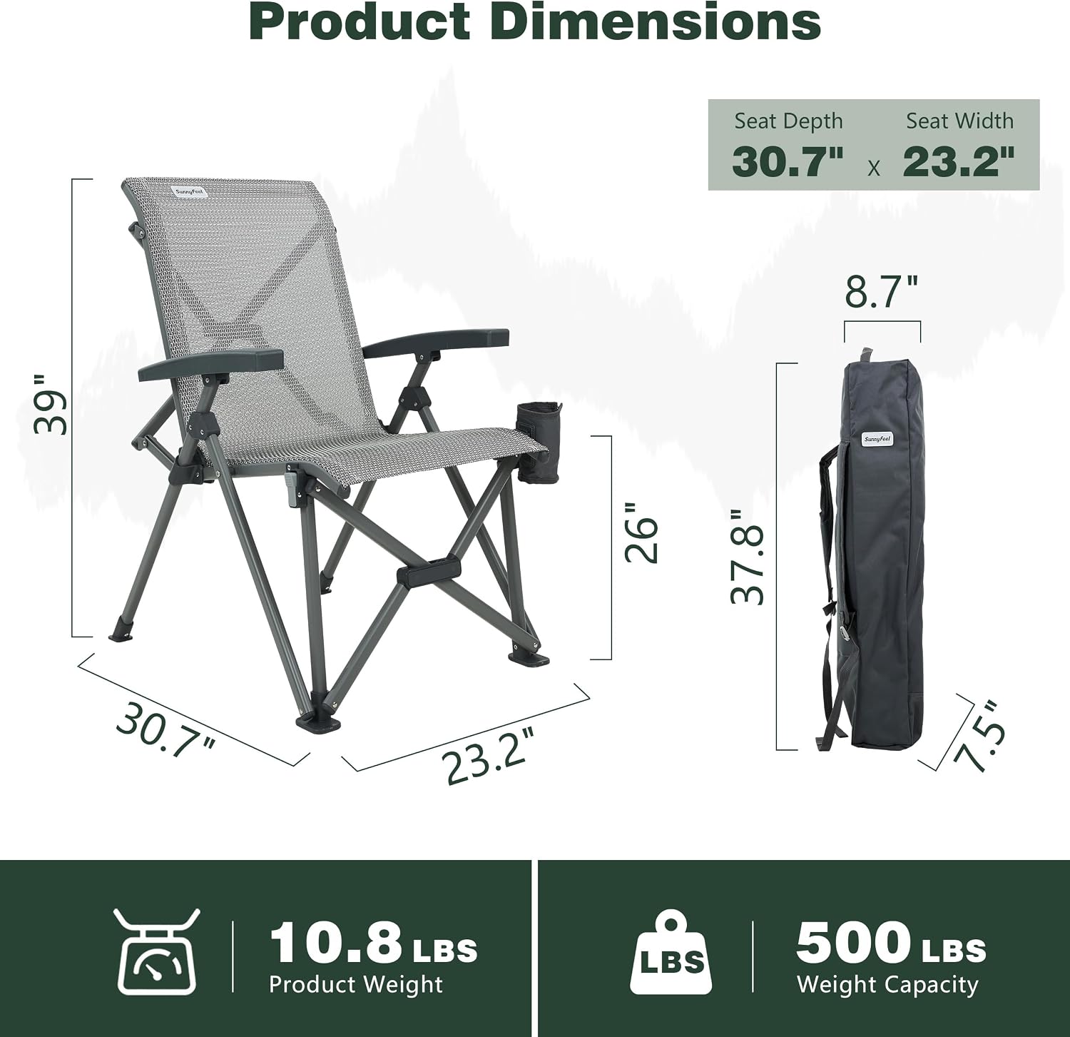 SUNNYFEEL High Back Folding Camping Chair 500 lbs with Aluminum Frame, Grey | Ergonomic Back Support, High-Resilience Fabric & Uv-Rated, Detachable Cup Holder and Carry Bag for Camping, Beach, RV, Patio