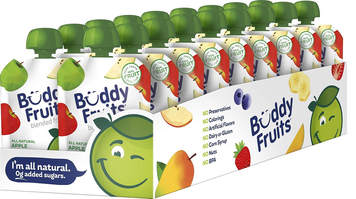Buddy Fruits Snacks To Go Multifruit Unsweetened Applesauce 3.2oz Pouch (18pk) Gluten-Nut-Dairy-Preservatives-BPA Free, Non GMO, Kosher