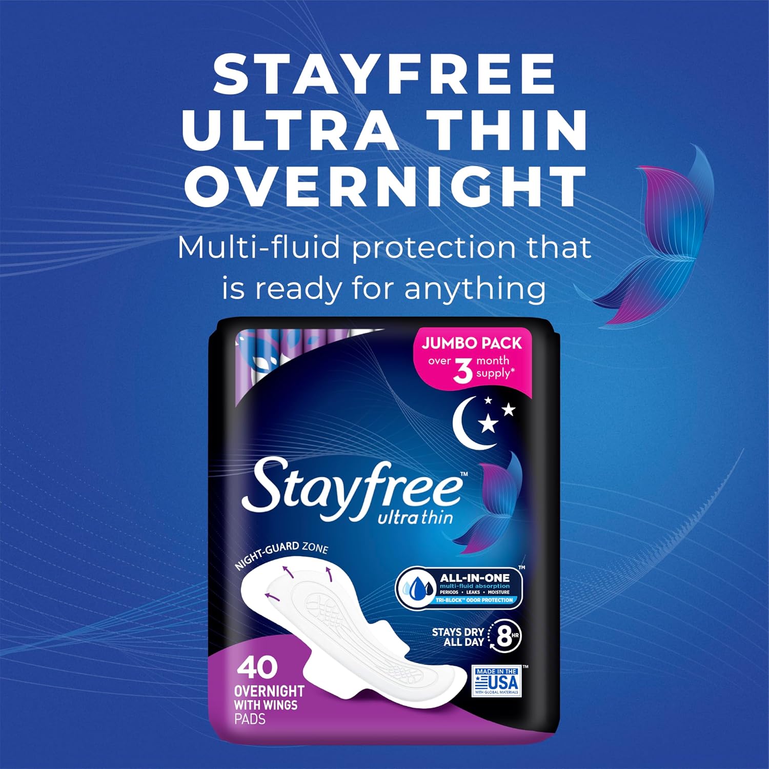 Stayfree Ultra Thin Overnight Pads with Wings, For Women, Reliable Protection and Absorbency of Feminine Moisture, Leaks and Periods