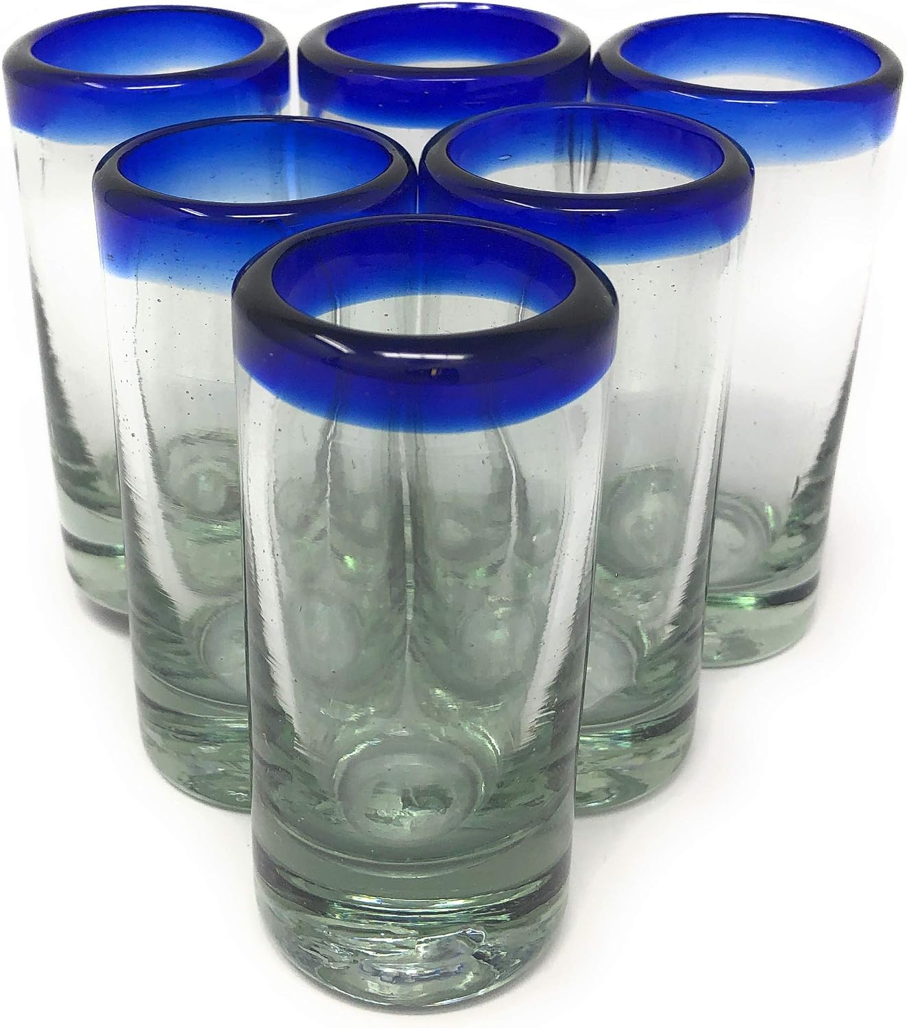 Hand Blown Mexican Tequila Shot Glasses – Set of 6 Cobalt Blue Rim Tequila Shot Glasses (2 oz each)