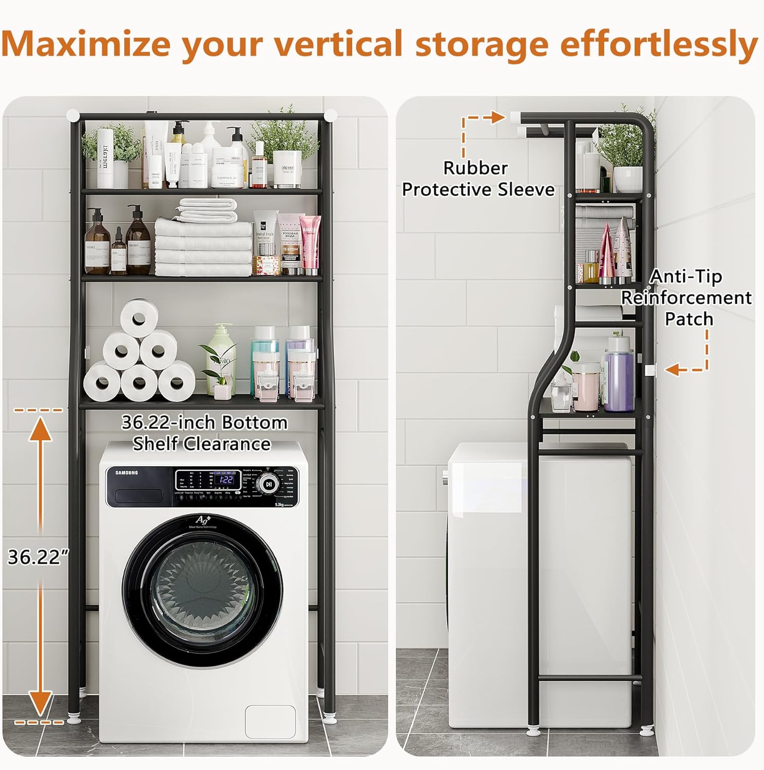 UDEAR 3-Tier Over The Toilet Rack,with Hanging Rod,Tower Shelf,Black