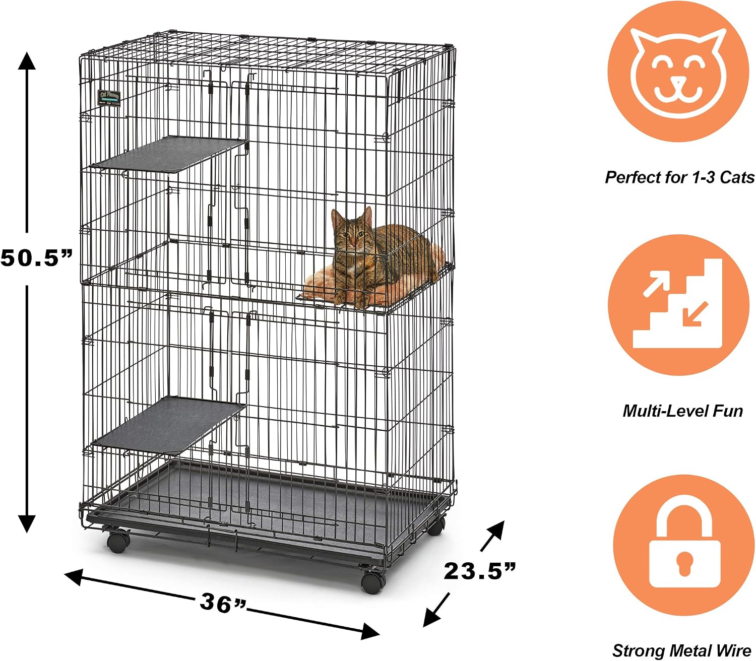 MidWest Homes for Pets Folding Metal Indoor Cat Playpen, Cage Includes Locking Wheels, 3 Platforms, Removable Tray, Plush Bed, Suited for 1-3 Cats