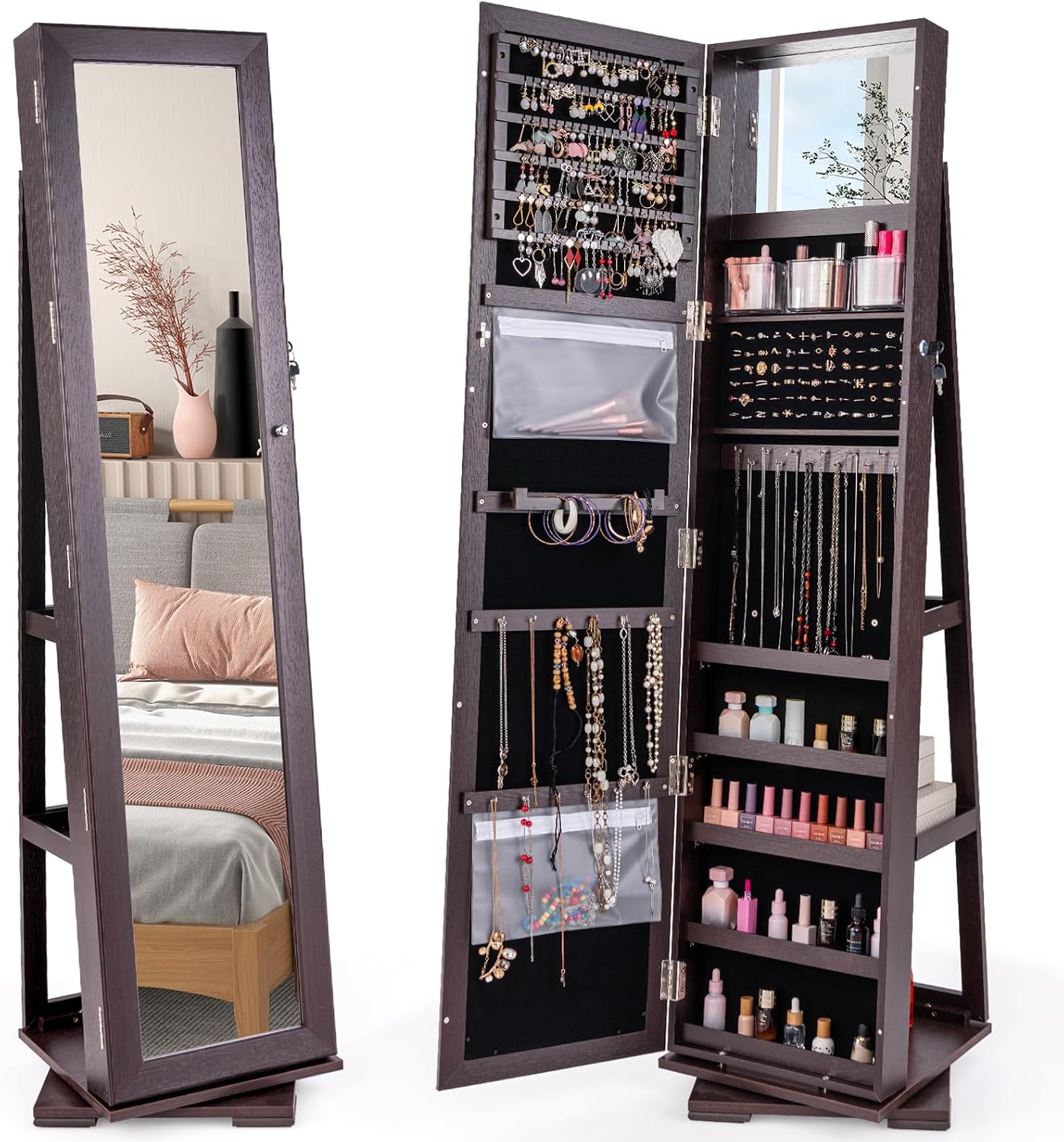 CHARMAID 360° Swivel Jewelry Armoire with Higher Full Length Mirror, Standing Lockable Jewelry Cabinet Organizer with Large Storage Capacity