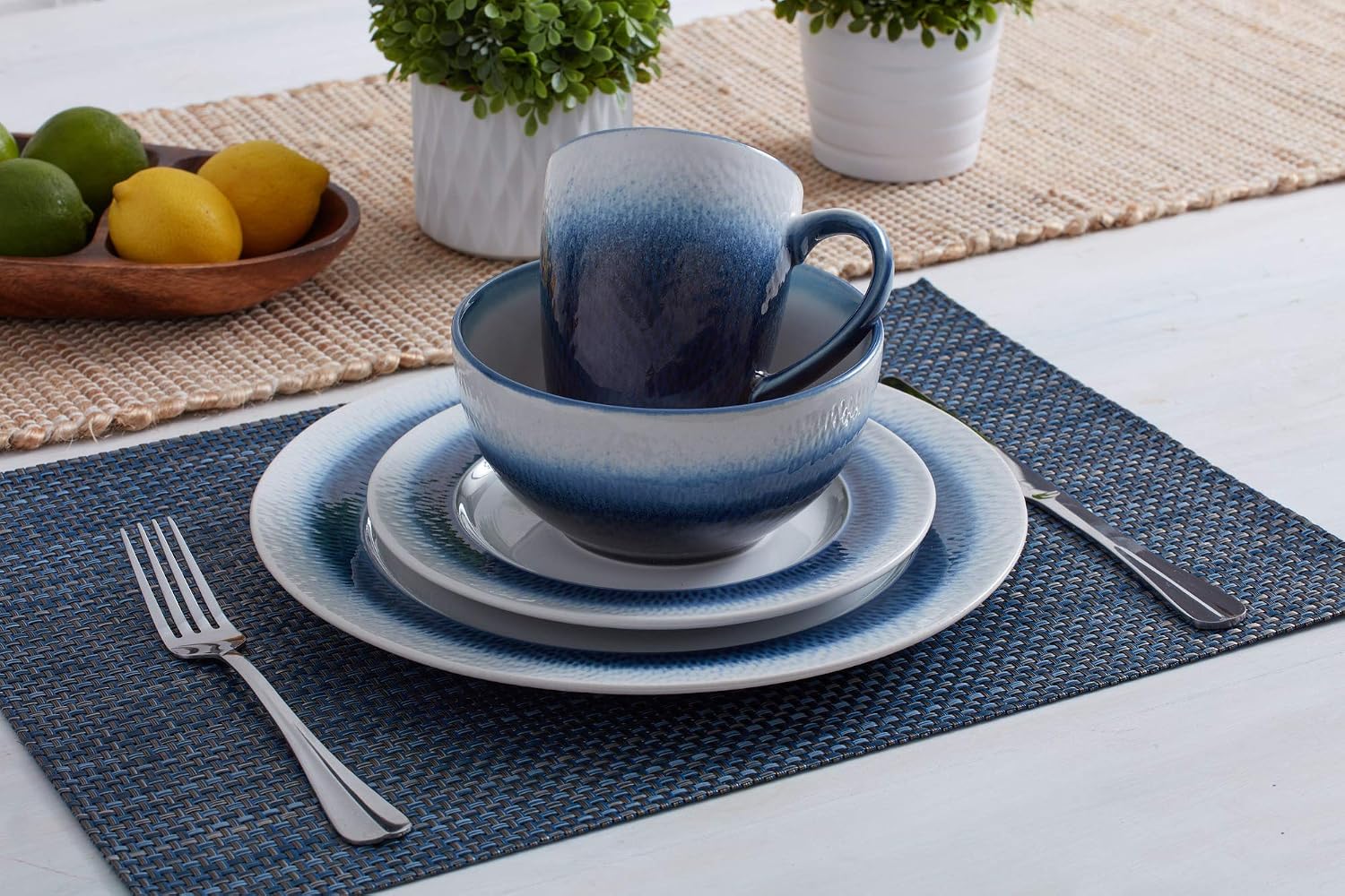 Pfaltzgraff Eclipse Blue 16-Piece Stoneware Dinnerware Set, Service for 4 with Dinner Plates, Salad Plates, Bowls and Mugs