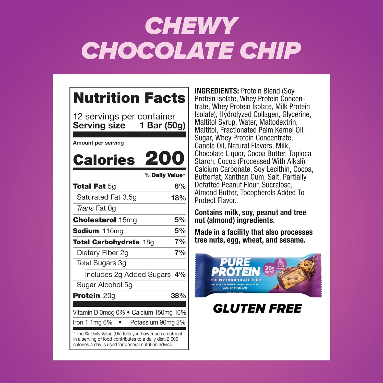 Pure Protein Chocolate Deluxe Protein Bars, 21g Protein, Gluten Free, 12 Ct