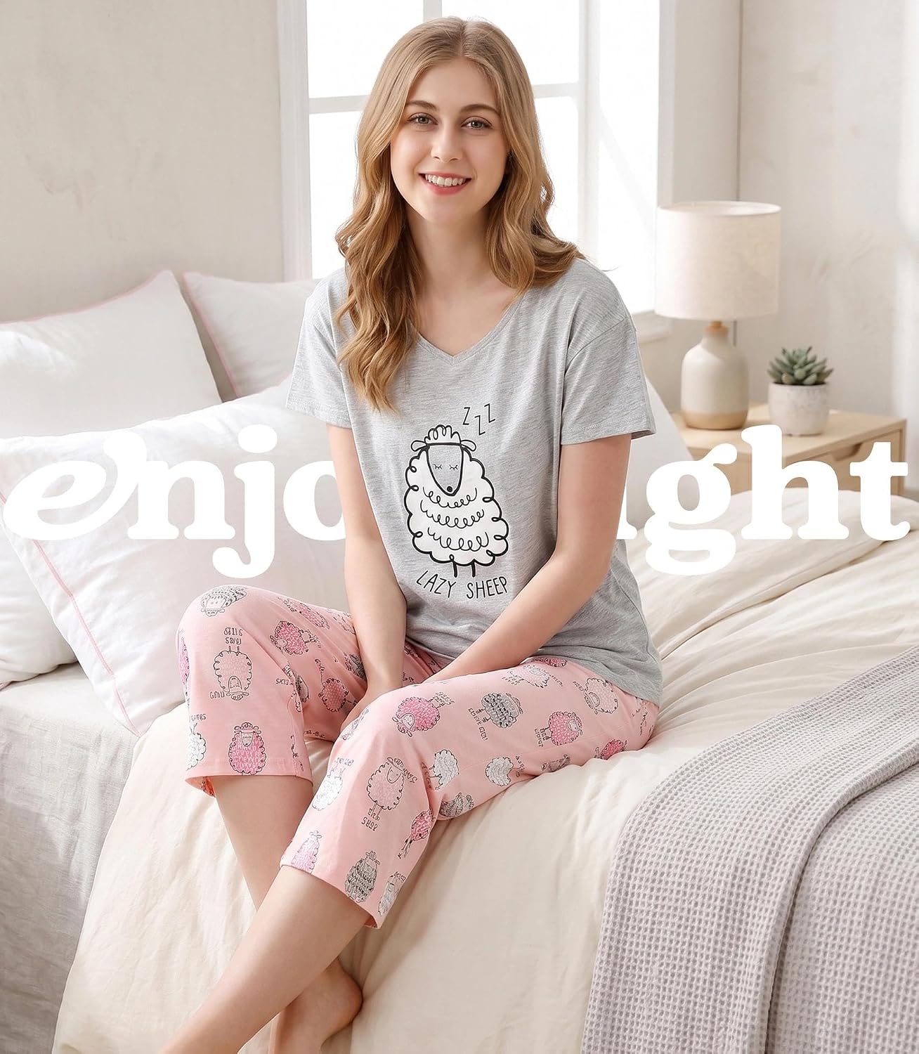 ENJOYNIGHT Womens Pajama Set Cotton Short Sleeve Top With Capri Pants Pj