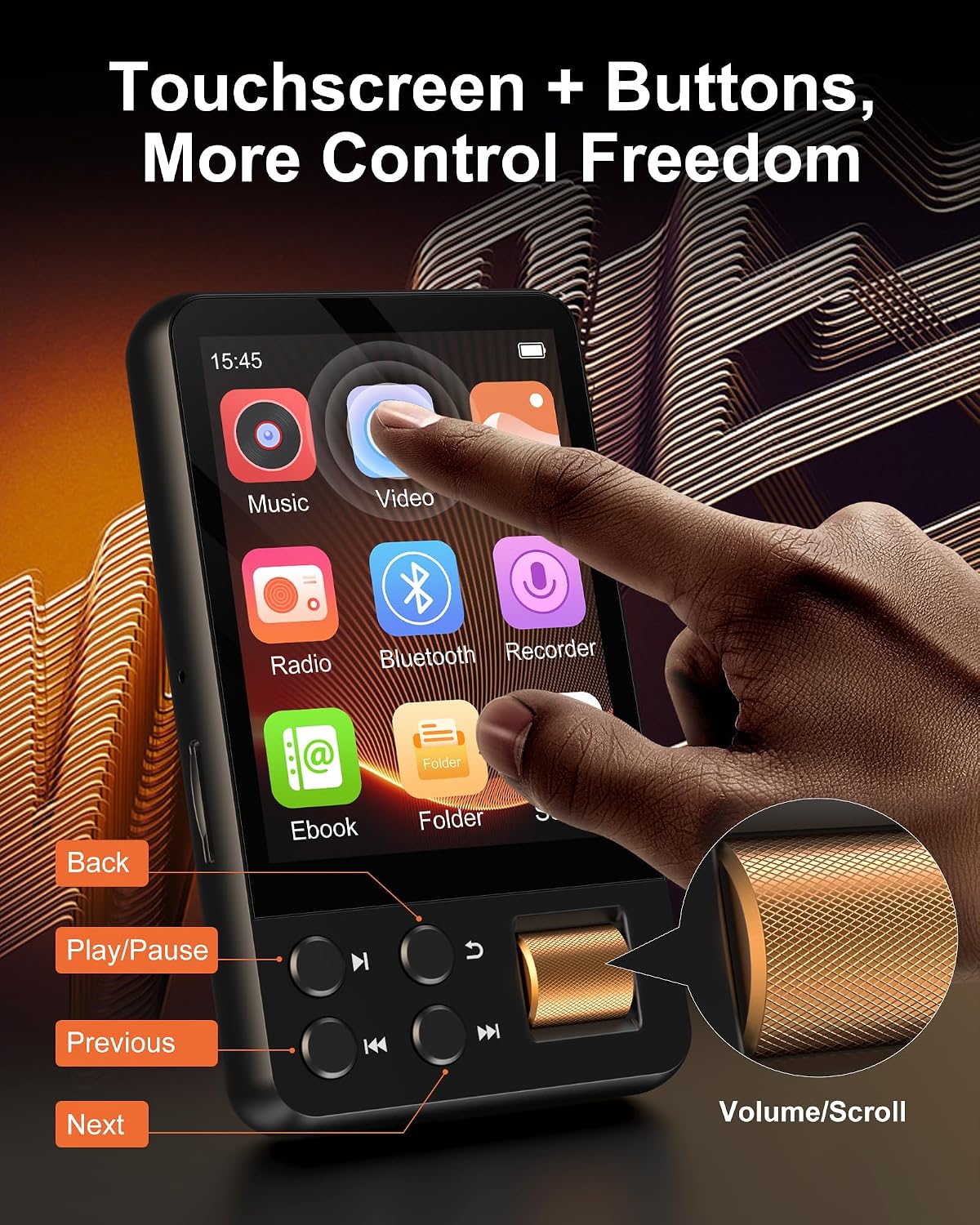 128GB MP3 Player with Bluetooth 5.4, AGXOV Music Player with Built-in HD Speaker, FM Radio, Voice Recorder, HiFi Sound, E-Book, Earphones Included