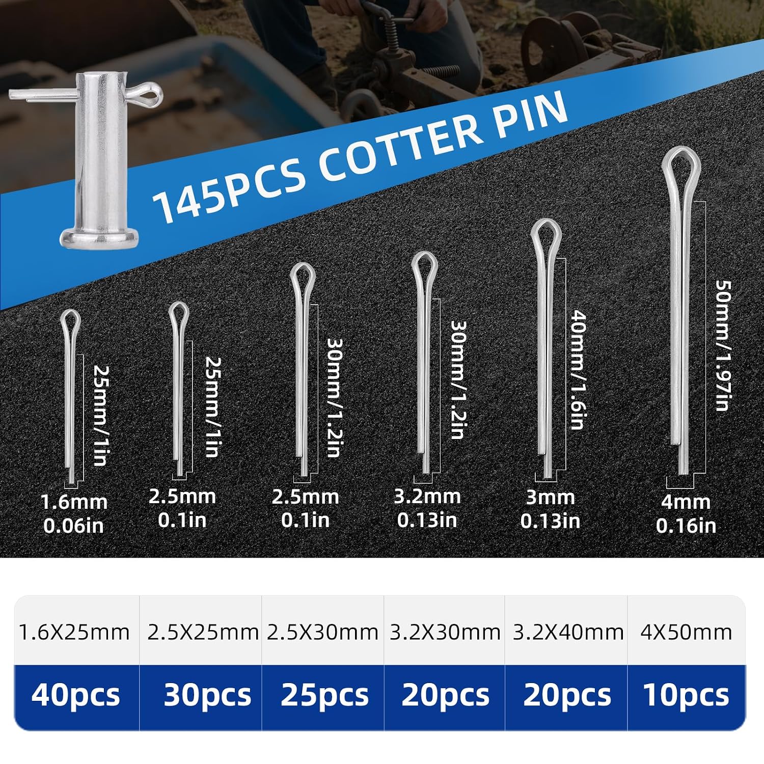 50 Pcs Cotter Pins Assortment Kit R Clips retaining pin | Heavy Duty R Clips Hardware Pins, 5 Sizes Spring Fasteners, Hitch Pin for Trailer Locking