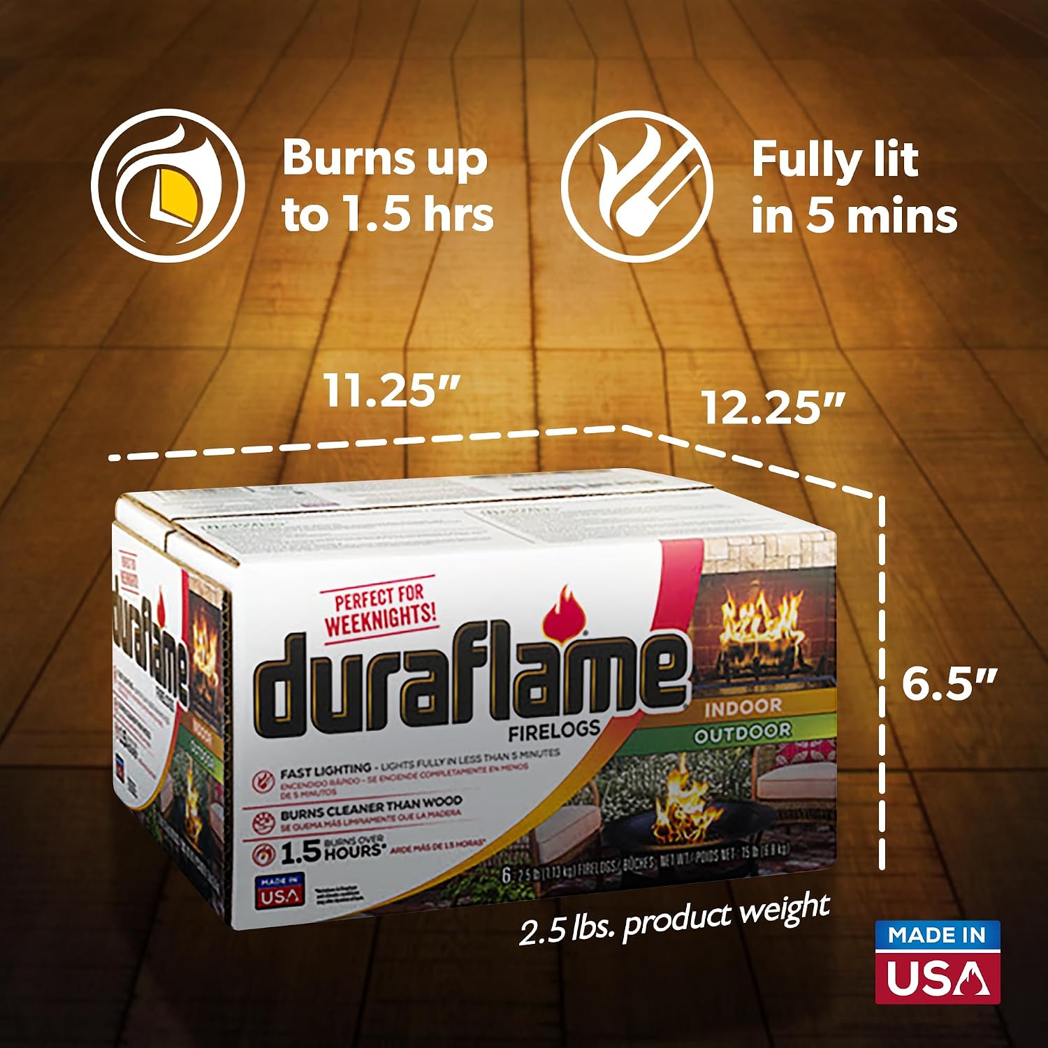 Duraflame 2.5lb Indoor Outdoor Quick Light Firelog for Camping, Firepits, Bonfires, and Fireplaces, 1.5 Hour Long Burn Time