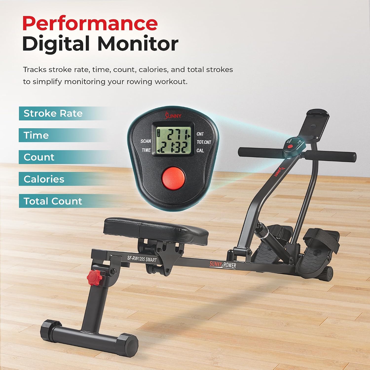 Sunny Health & Fitness Compact Hydraulic Rower with 12-Level Resistance | Full-Body Cardio, Joint-Friendly, Lightweight & Portable, Quiet & Smooth Ride, Easy-Assembly, Free SunnyFit App