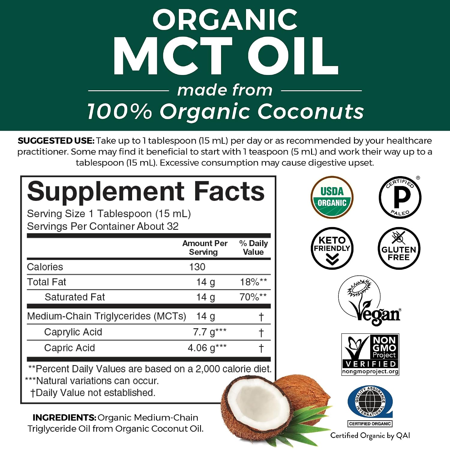 Viva Naturals Organic MCT Oil, 32 fl oz – MCT Oil for Coffee, USDA Organic, Non-GMO, Paleo Certified & Keto Friendly, Supports Energy & Mental Clarity