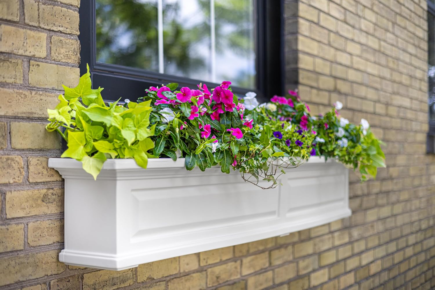 Mayne Nantucket 36in Self-Watering Rectangular Window Box Planter, White | Self-watering, All season, Fade resistant, Mounting brackets included, Built-in overflow, 15-year warranty