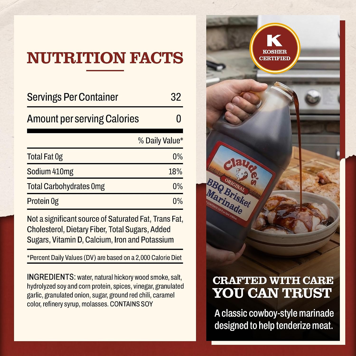Claude's BBQ Brisket Marinade Sauce, Gluten Free Texas Style, 128 oz | Restaurant-size gallon of smoky Texas tenderizing brisket marinade - all natural & gluten free.