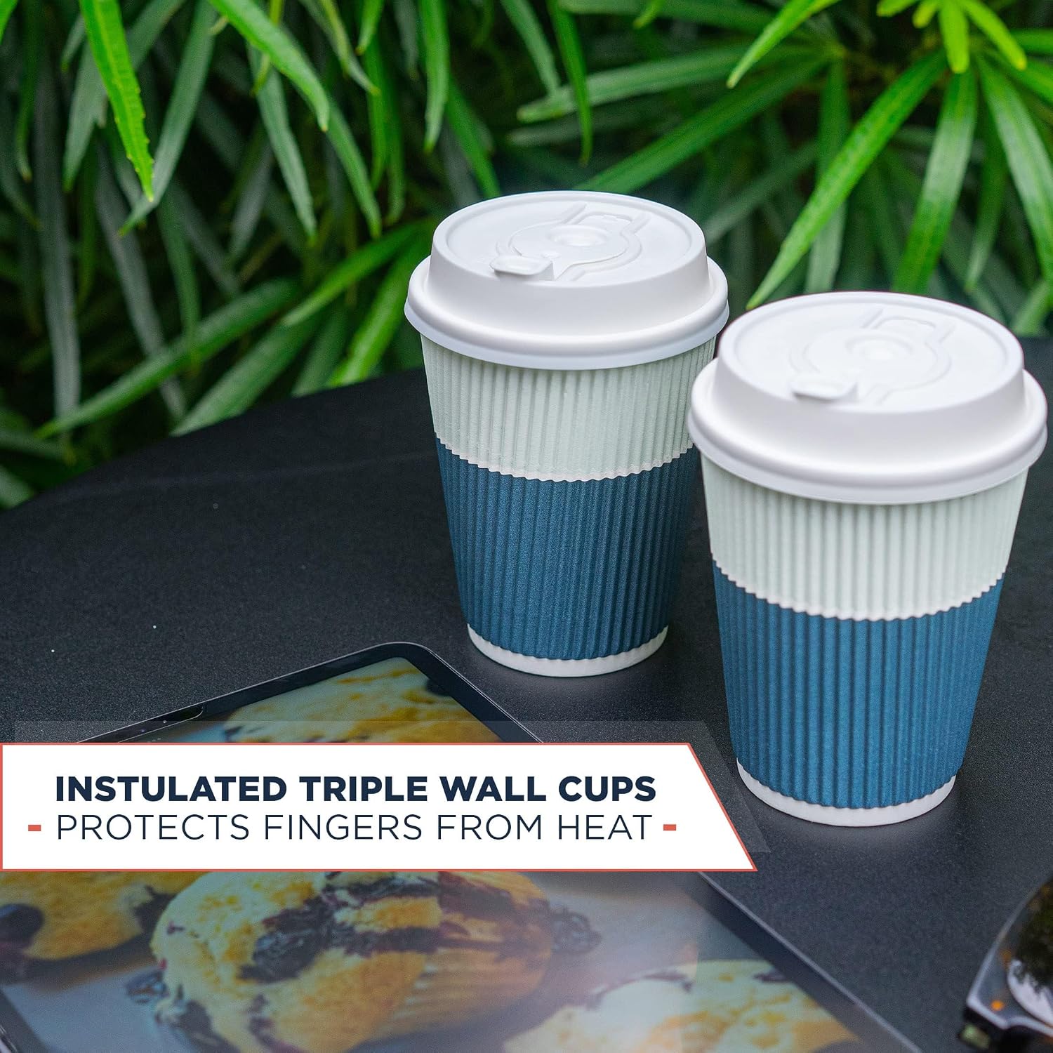 Disposable Coffee Cups With Lids - (80 set) 12 oz Paper To Go Coffee Cups With Resealable Lids Prevent Leaks! Travel Insulated Hot Beverage Drink Cup. Will Not Bend With Heat or Burn Fingers