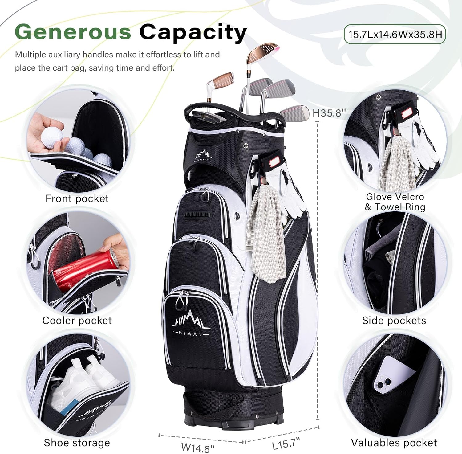 Golf Cart Bag, 14-Way Divider Top, Large Storage | Umbrella Holder,Handles