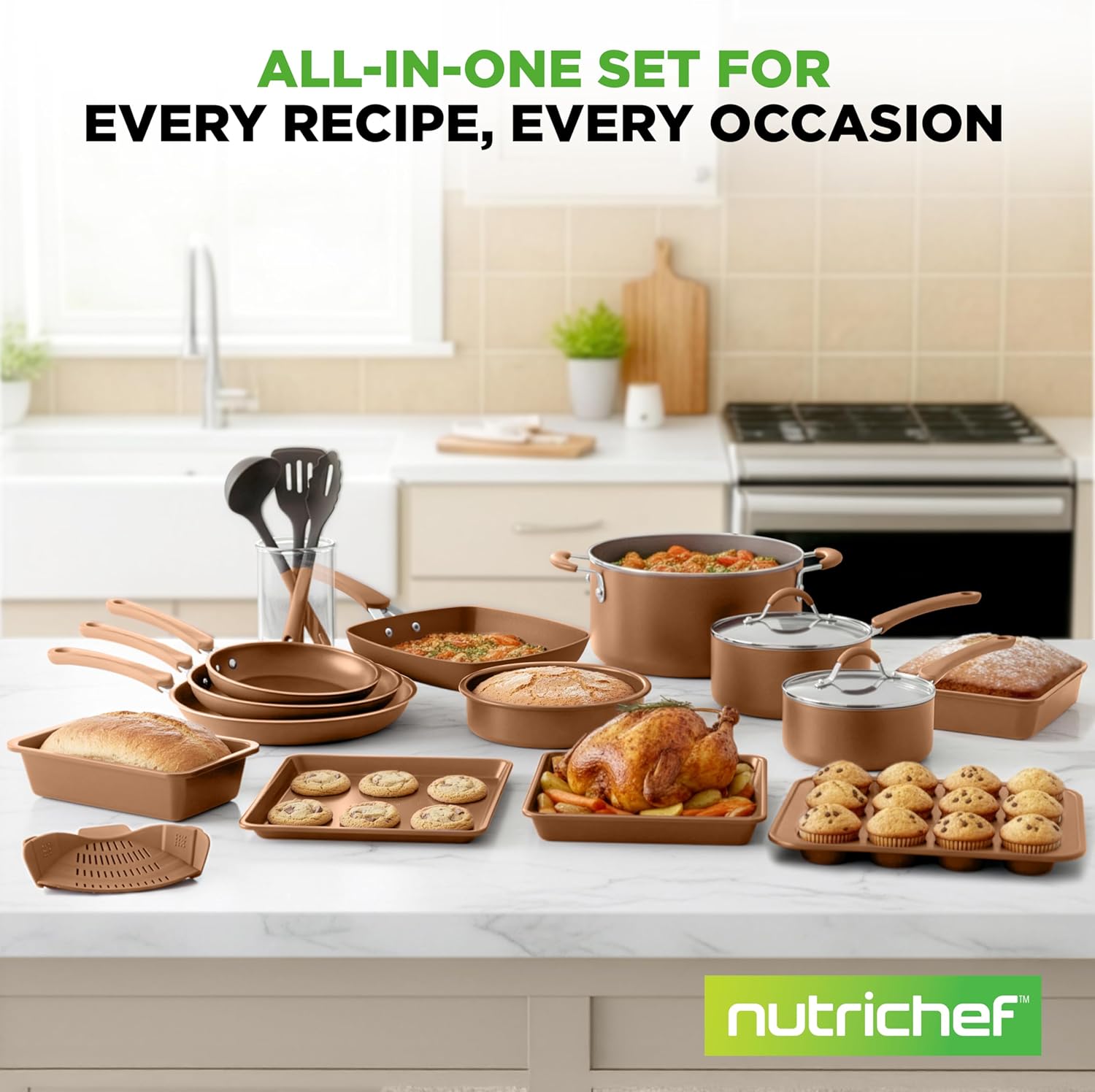Nutrichef 20 Piece Professional Home Kitchen Cookware and Bakeware, Pots and Pans Set Non Stick Kitchenware, Cool-Touch Handles, Non Toxic