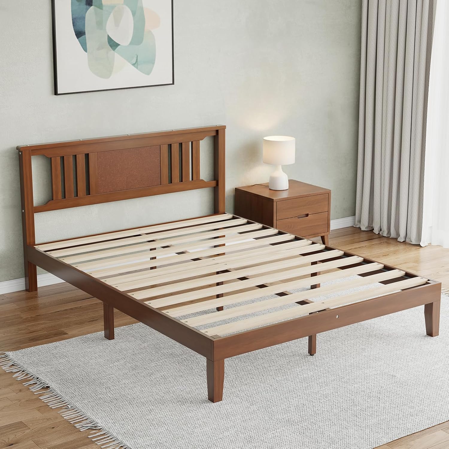 Solid Wood Bed Frame, Queen Size Platform Bed Frame with Headboard, Sturdy Wood Slat Support, Heavy Duty, No Box Spring Needed, Noise-Free, Easy Assembly