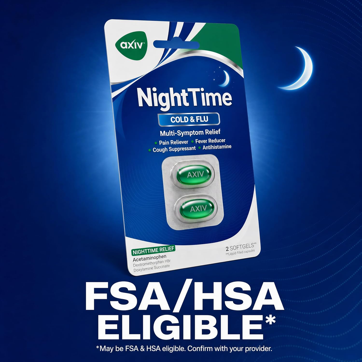 AXIV Nighttime Cold & Flu Relief Softgels, Multi-Symptom Nighttime Relief for Headache, Fever, Sore Throat, Minor Aches and Pains, Sneezing, Runny Nose, and Cough 24 Count