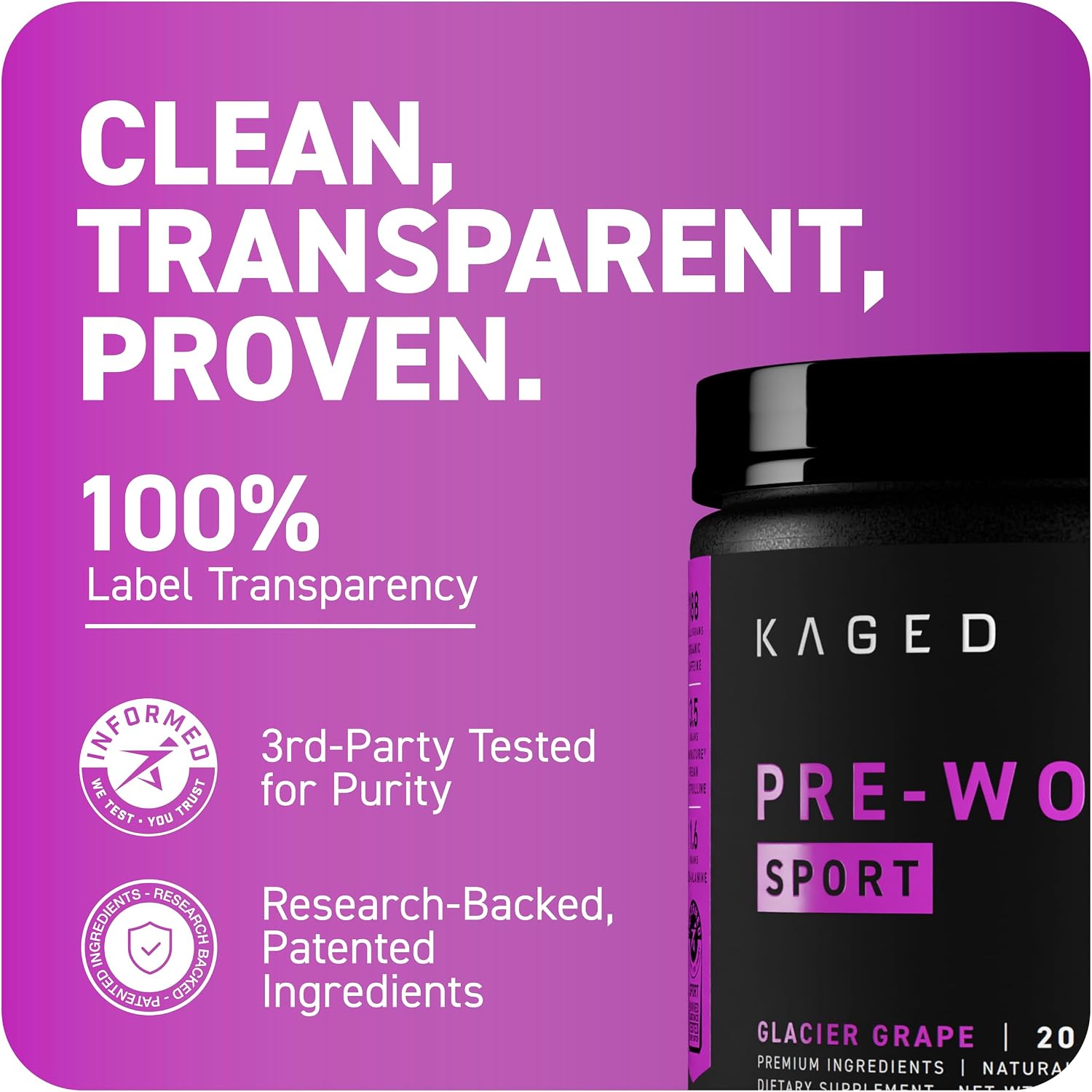 Kaged Sport Pre Workout Powder for Men & Women, Mango Lime, Sport Certified, 188mg Caffeine, Nitric Oxide Supplement, Beta Alanine for Energy