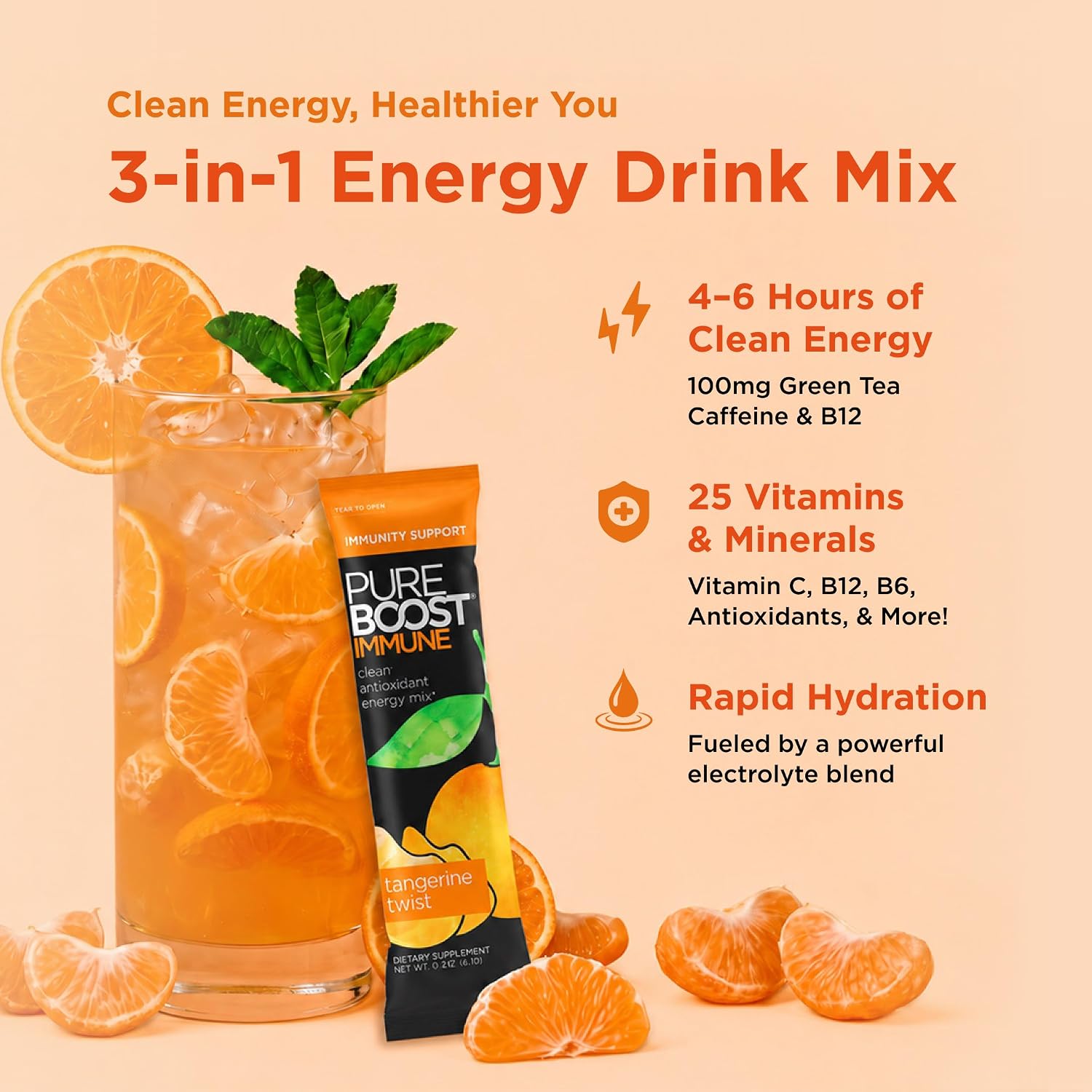 Pureboost Sugar-Free Immune Clean Energy Booster Drink Mix, Combo Pack 30ct