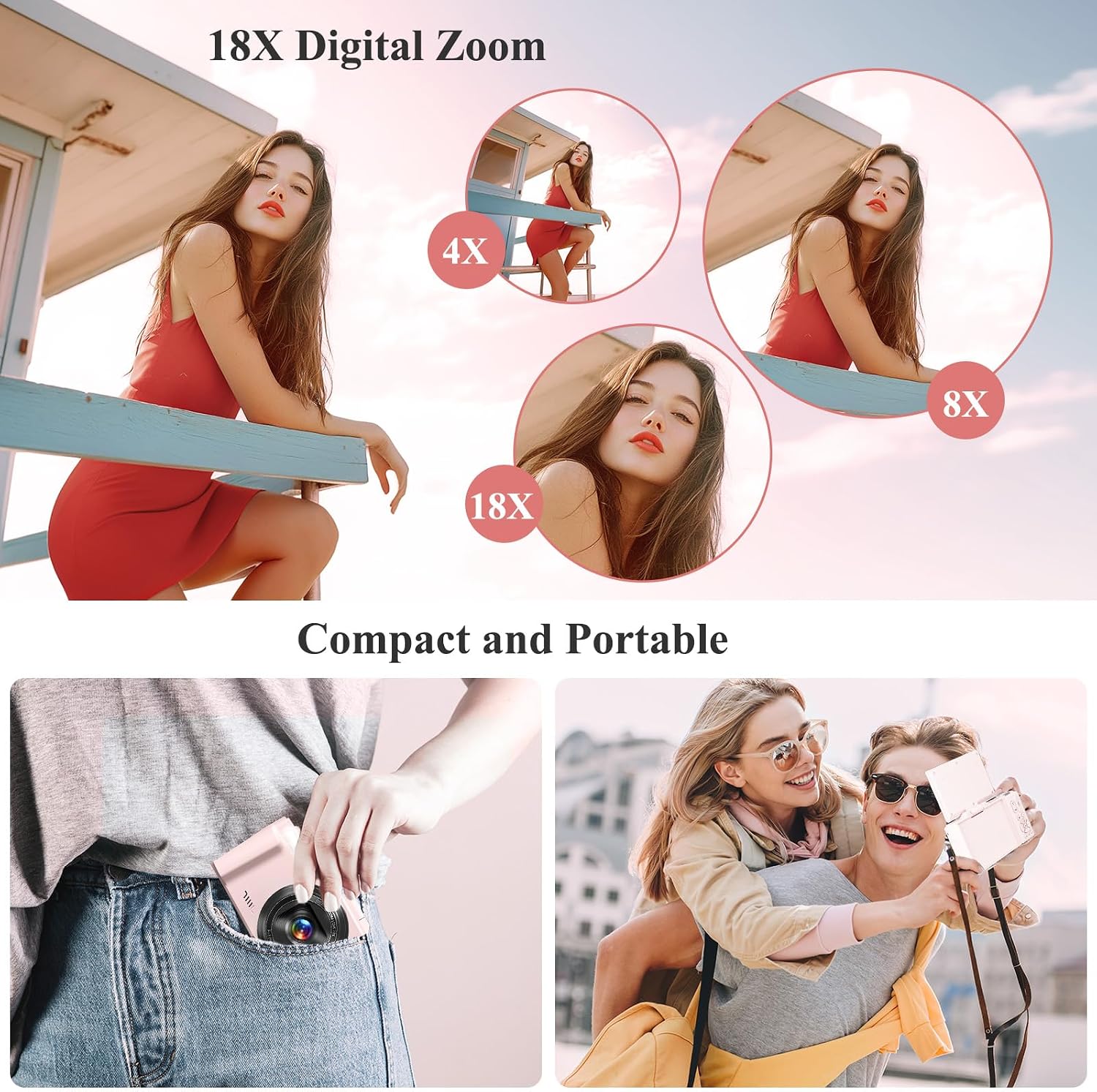 4K Digital Camera for Photography, 64MP Vlogging Camera for YouTube, WiFi Vlog Cameras with 18X Digital Zoom, 3'' Flip Screen and 32GB TF Card, Pink