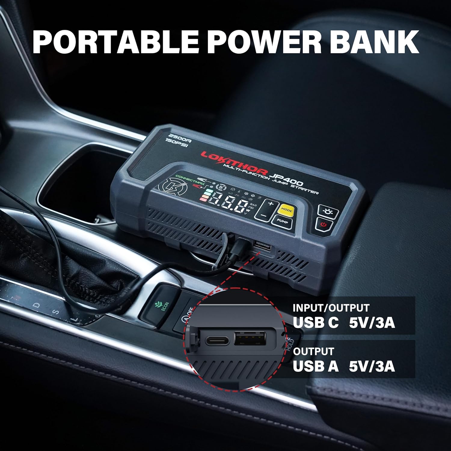 LOKITHOR JP400 Jump Starter with Air Compressor for 8.5L Gas/6.5L Diesel | 2500A 12V Portable Jumper Starter for Car, 150PSI Tire Inflator, 300 Lumen LED Light, Power Bank, ConnectMax, Jumper Cables