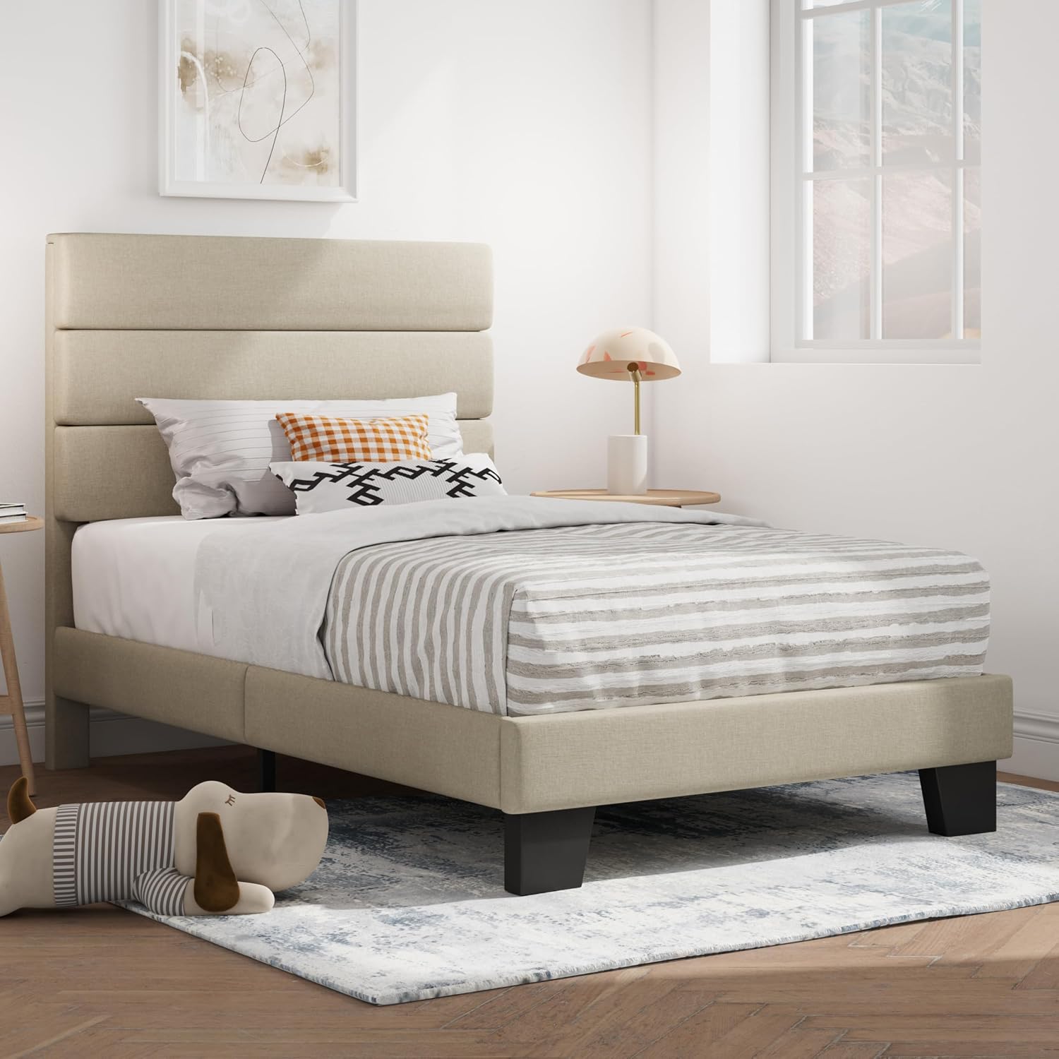 SHA CERLIN Full Platform Bed Frame with Upholstered Fabric Headboard, Grey