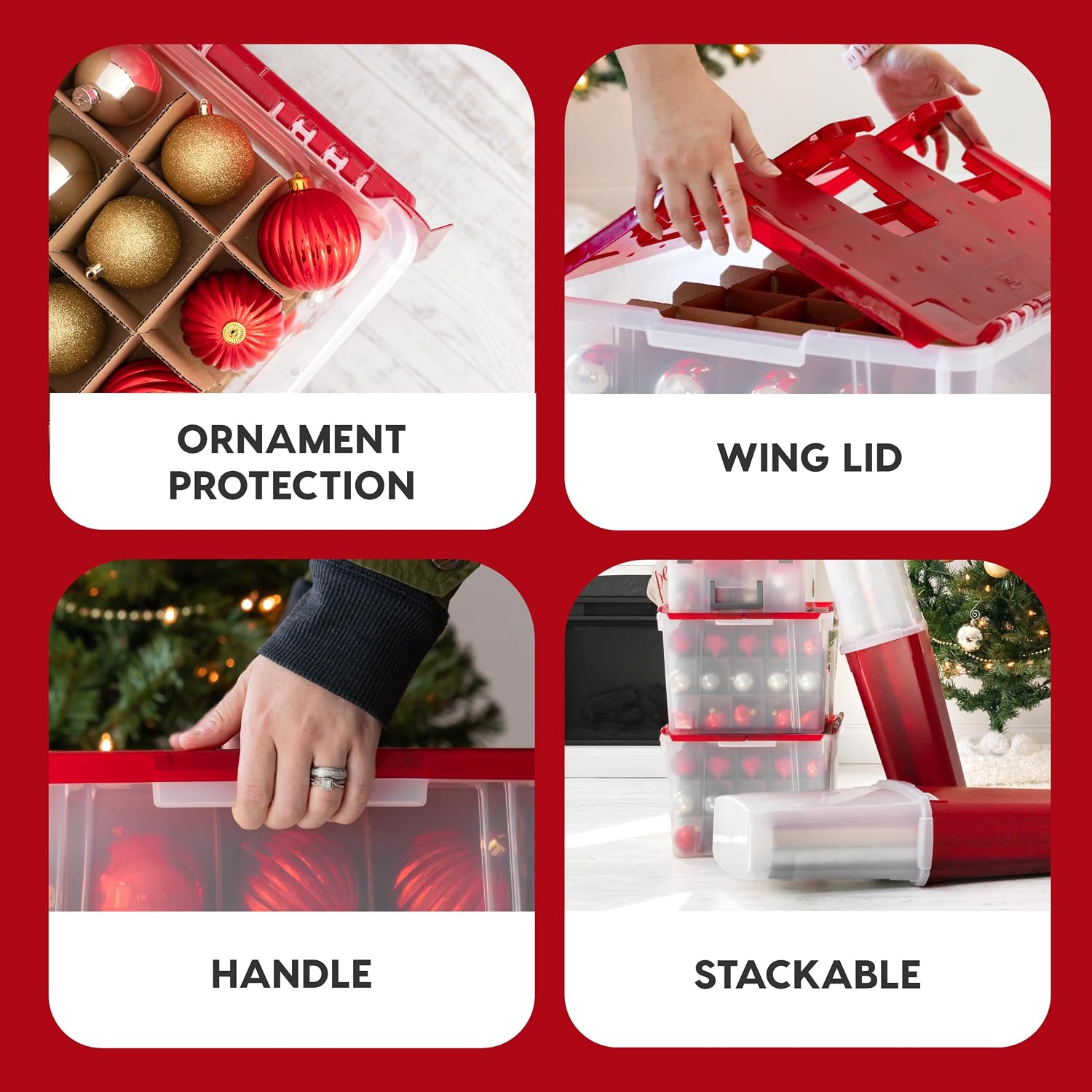 IRIS USA 2-Pack Holiday Ornament Storage Box with Attached Lid, Clear/Red