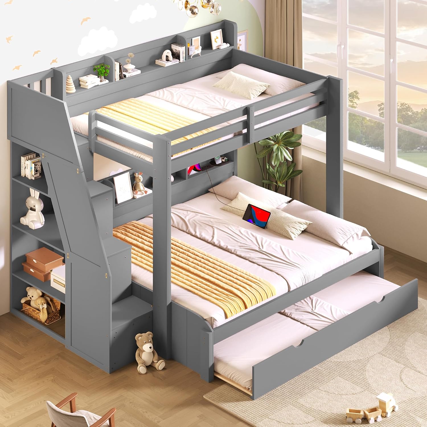 Bellemave Full Over Full Bunk Beds with Stairs Stairway Bunk Bed Frame with Storage Shelves for Teens Adult, Detachable Wood Full Bunk Bed, Gray