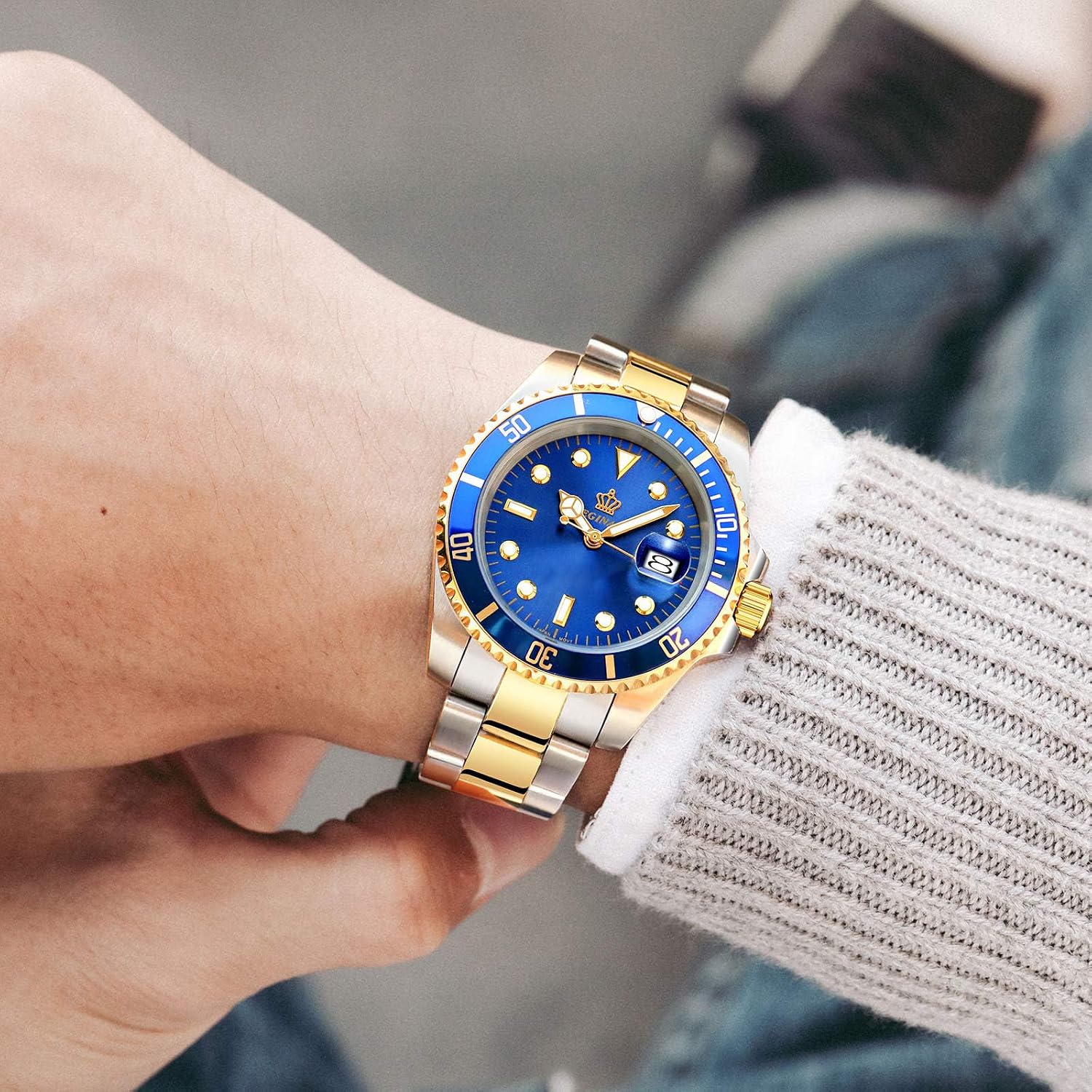 FANMIS Men's Two-Tone Stainless Steel Quartz Watch, Rotating Bezel and Date | Green Dial, Luminous Hands and Markers, Magnified Date Window, Fold-Over Safety Clasp, 30M Water Resistant for Everyday Wear.