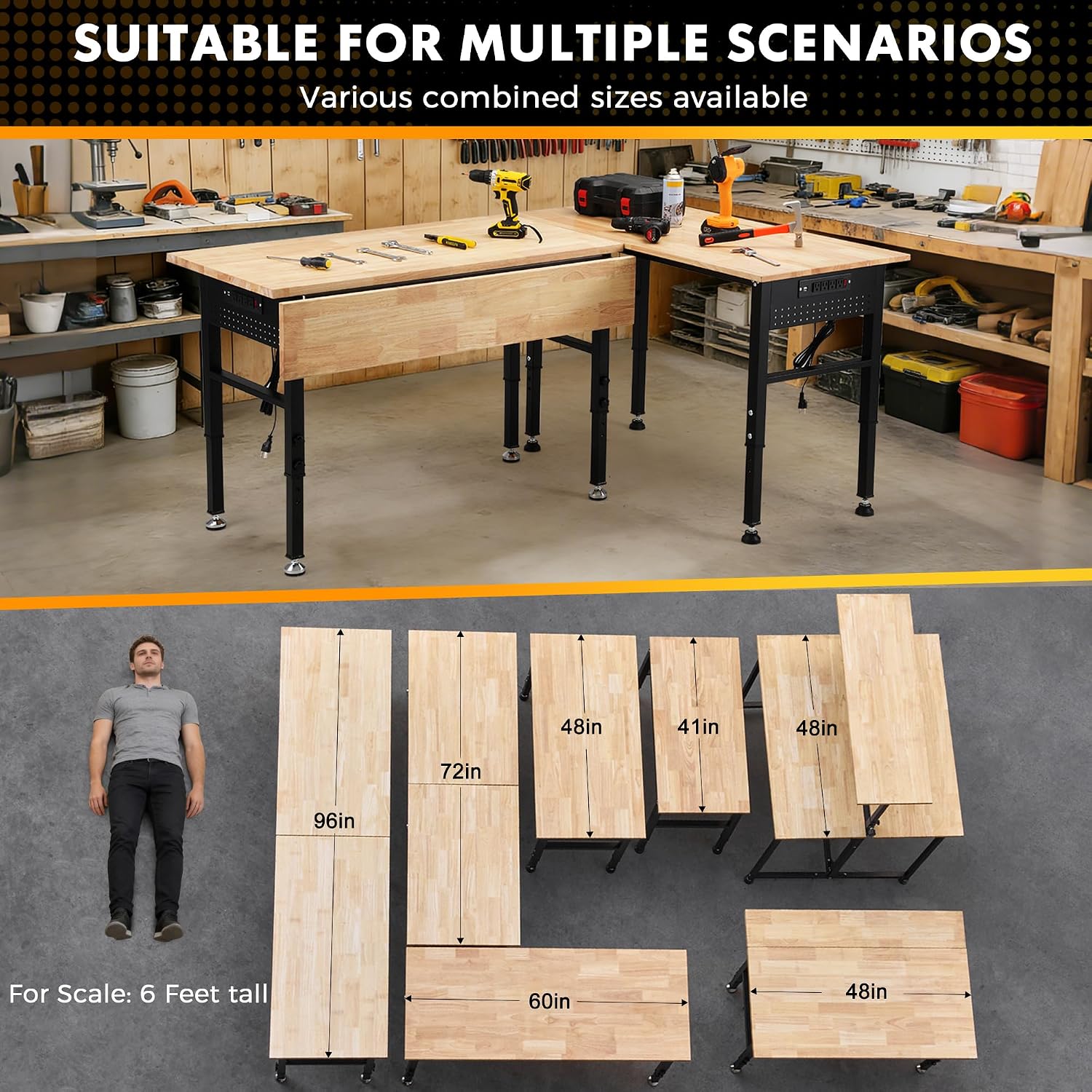 48" Adjustable Rubberwood Workbench with Foldable Extension Board & Power Outlet, Extra Large 48x32In 9-Level Height 27"-37", 2000 LBS Heavy Duty for Workshop Garage Office Home