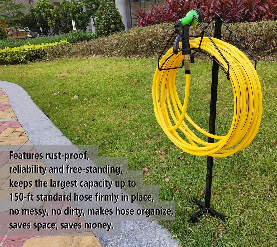 Artigarden Freestanding Garden Hose Holder Hanger, Heavy Duty Metal Water Hose Reel Storage Stand Rack for Yard Lawn, Bright Black (Hose not Included)