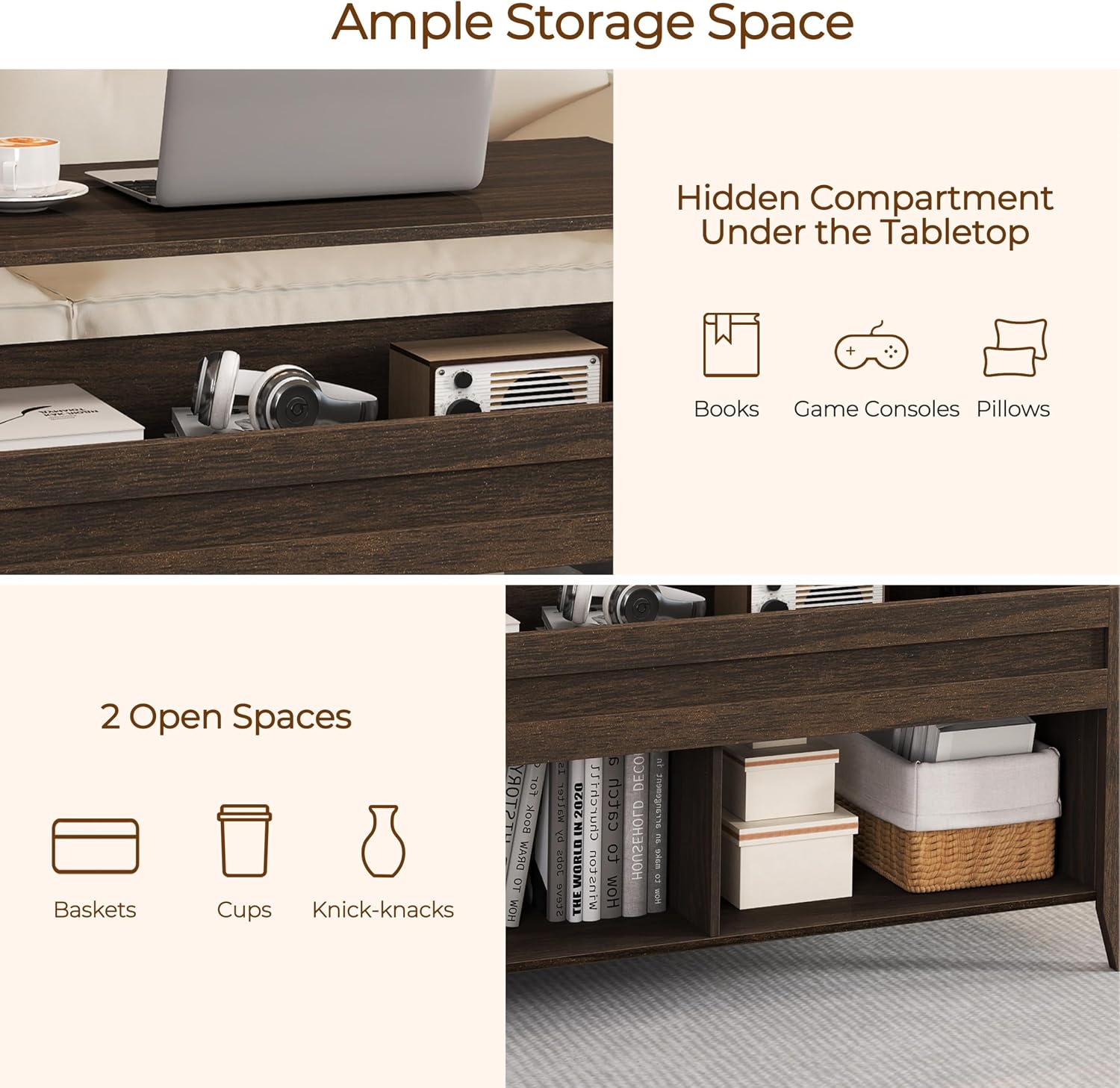 Yaheetech Lift Top Coffee Table with Hidden Storage Compartment Gray 47.5in