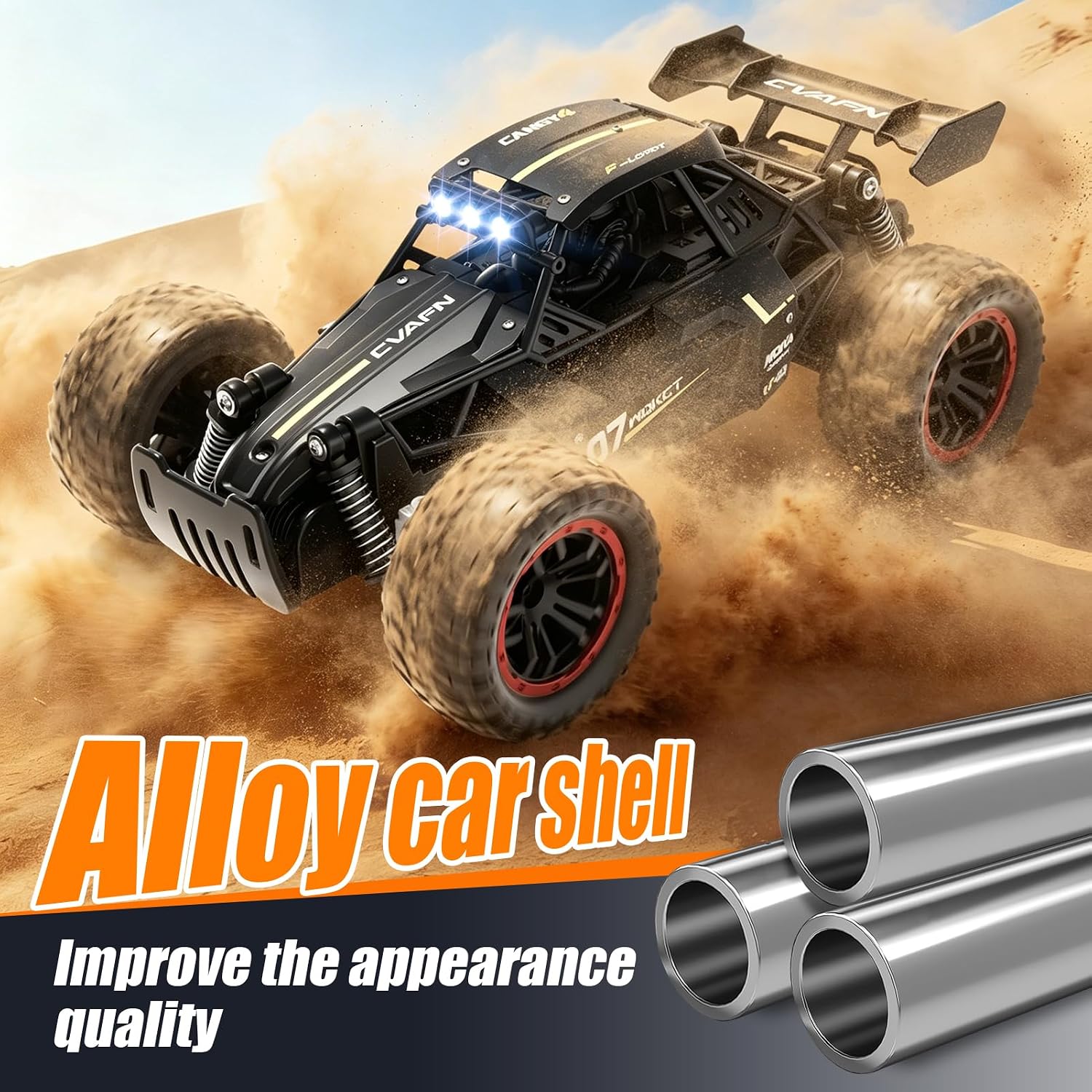 Remote Control Car, Fast RC Monster Truck with Durable Metal Body, 1:16 Off-Road RC Crawler with LED Headlights, All-Terrain Drift Car, 3 4 5 6 7 8 9 10 Year Old Boys Girls Kids Gifts