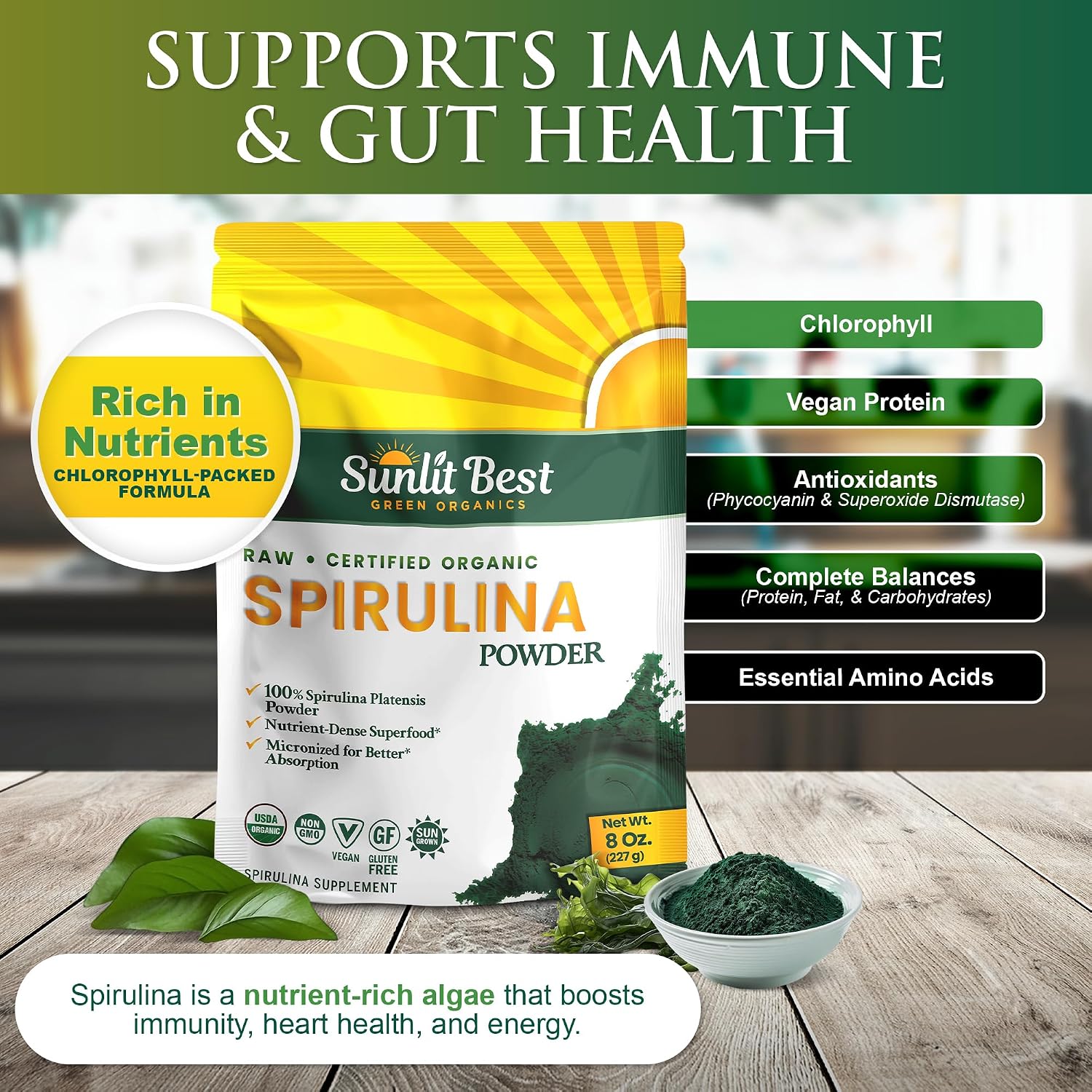 Sunlit Best Organic Spirulina Tablets, Pure Natural Superfood Pills 1000 CT | USDA Certified, 60% Vegan Protein, 18 Amino Acids, Chlorophyll Antioxidants Enzymes, Non GMO, Immune Liver & Energy Support