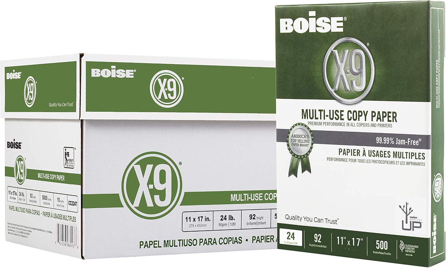 Boise X-9 Multi-Use Printer & Copy Paper, 5 Reams, White, Ledger (11in x 17in), 2500 Sheets Per Case, 20 Lb, 92 Brightness