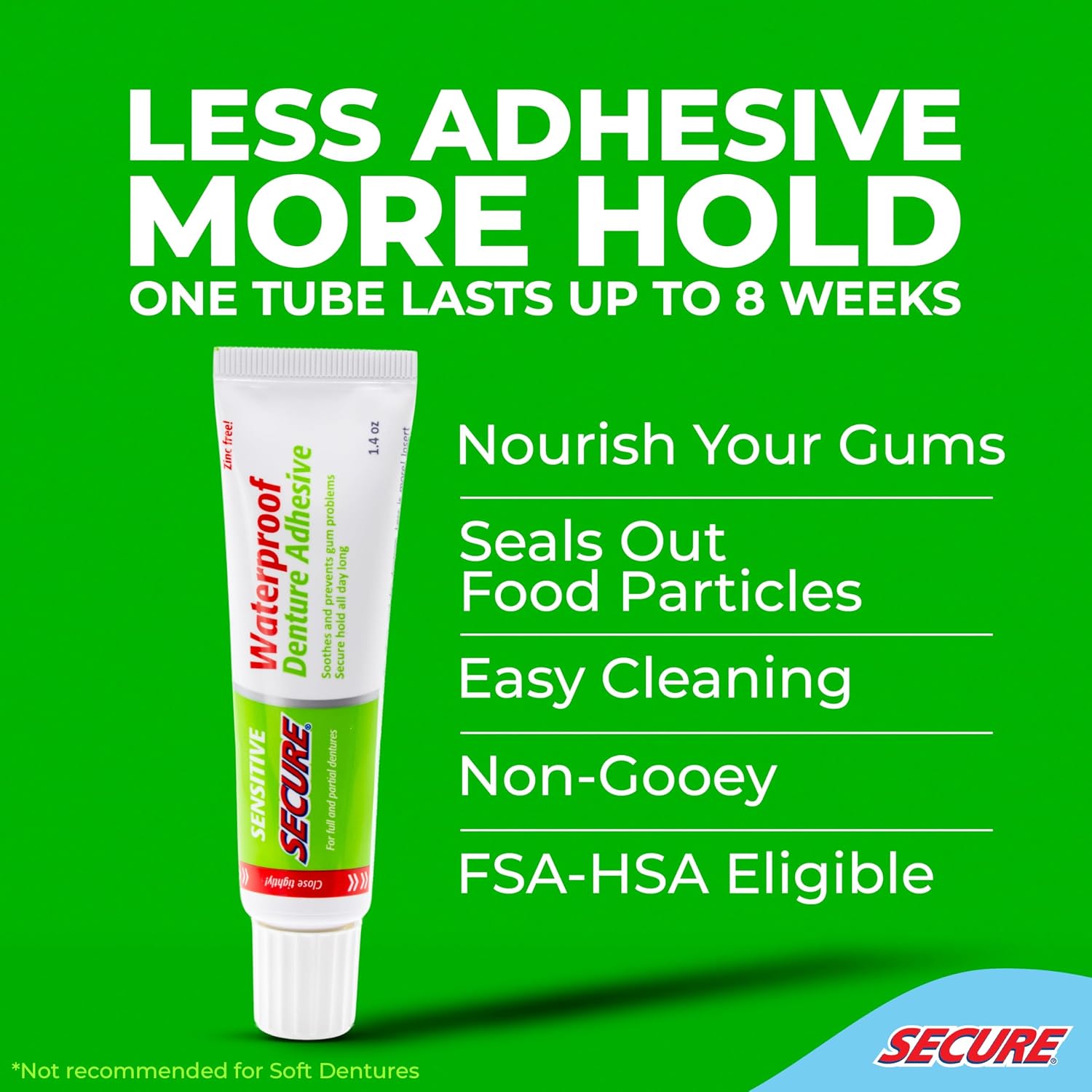 Secure Denture Adhesive Cream, Zinc Free Denture Glue, 1.4 oz | Waterproof Seal - Food Grade Ingredients - Less Adhesive, More Hold - Tube Lasts Up to 8 Weeks
