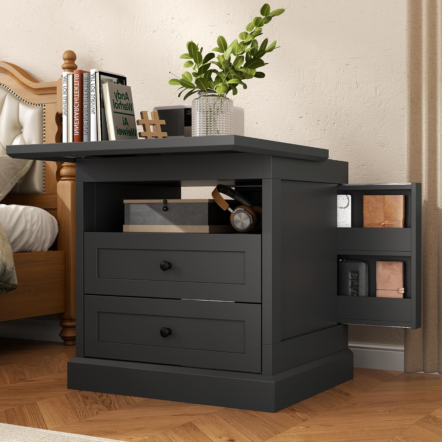 Nightstand with Hidden Storage Space,Night Stand,End Table with Side Drawer | Black Bedside Table with Open Shelf, 2 Drawers Dresser for Bedroom, Living Room, Closet