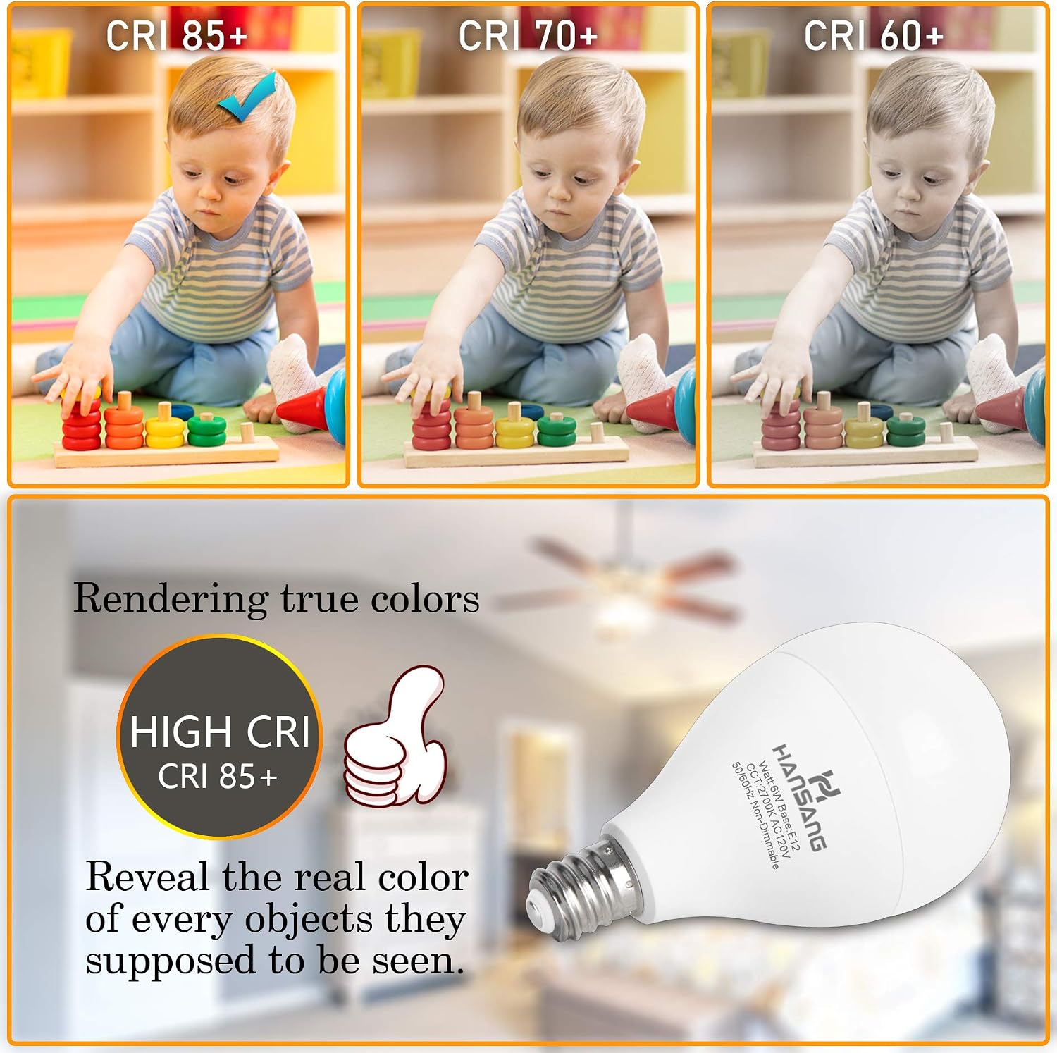 E12 LED Bulb 60W Equivalent Candelabra Light Bulbs 2700K Warm White | Small Base Light Bulb, 6W A15 LED Ceiling Fan Light Bulbs, CRI85+, 120V 600LM Round Bulb for Chandelier, Non-Dimmable 6 Pack